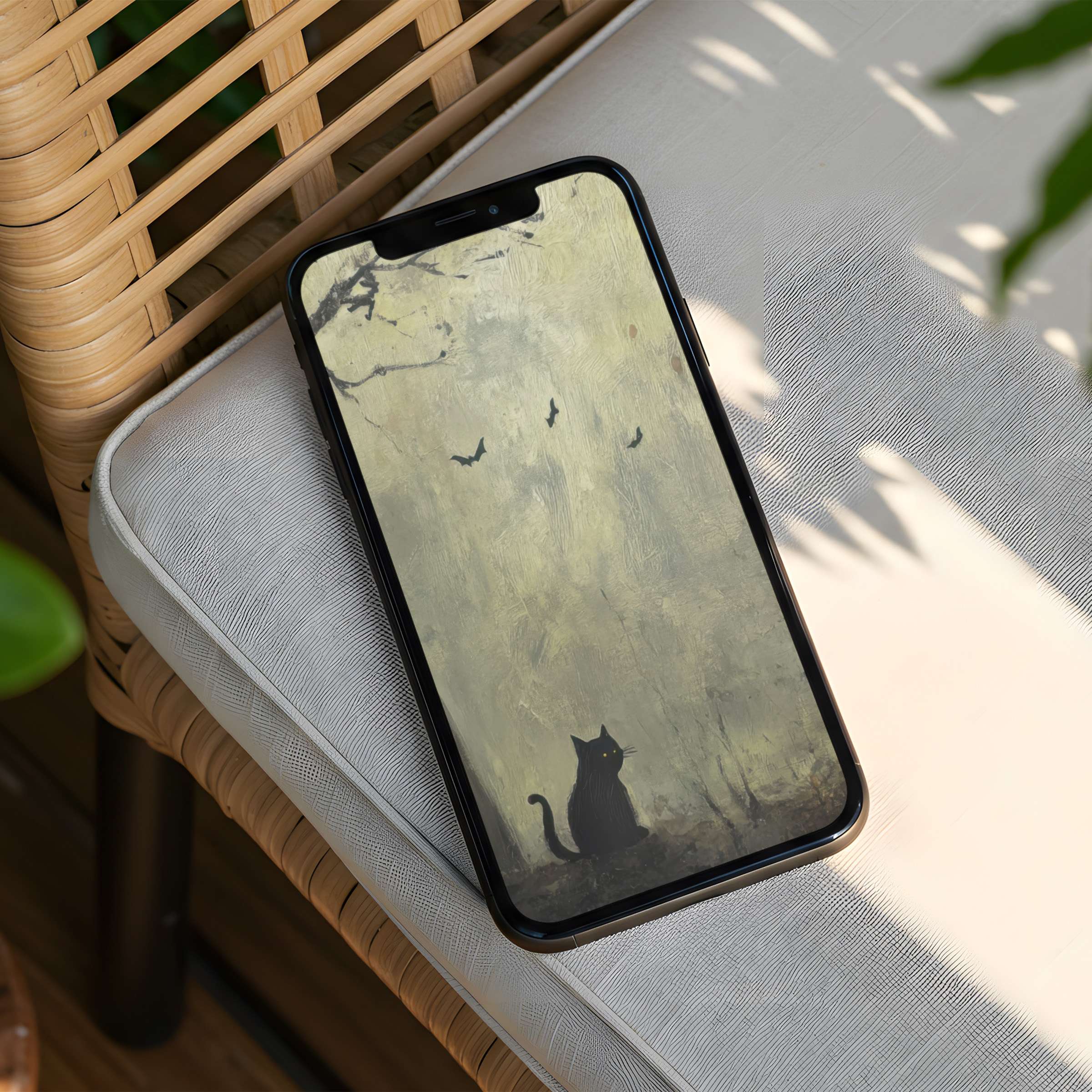 Elegant iPhone background featuring a mystical black cat under a moody sky perfect for calm phone aesthetics with instant download