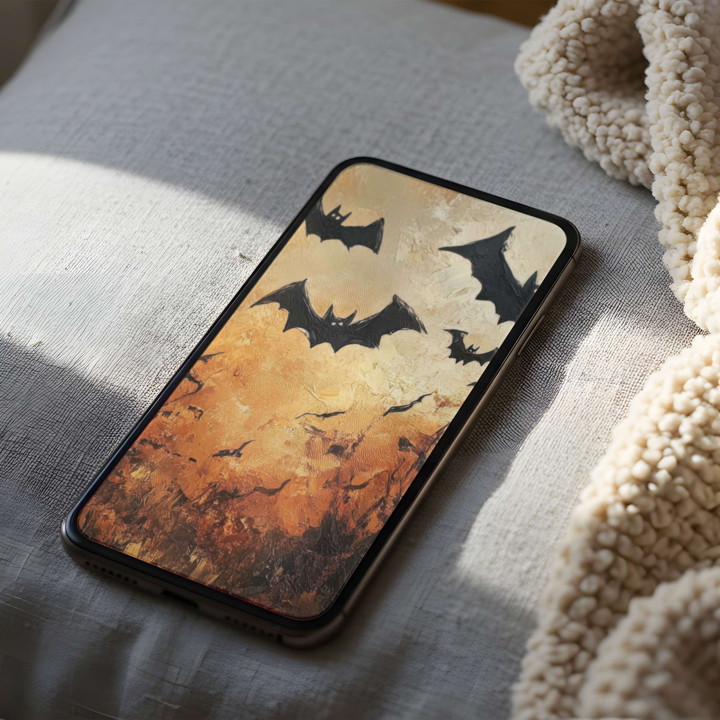 Curated high-resolution phone wallpaper with elegant bat silhouettes over a warm textured background perfect for iPhone and Android
