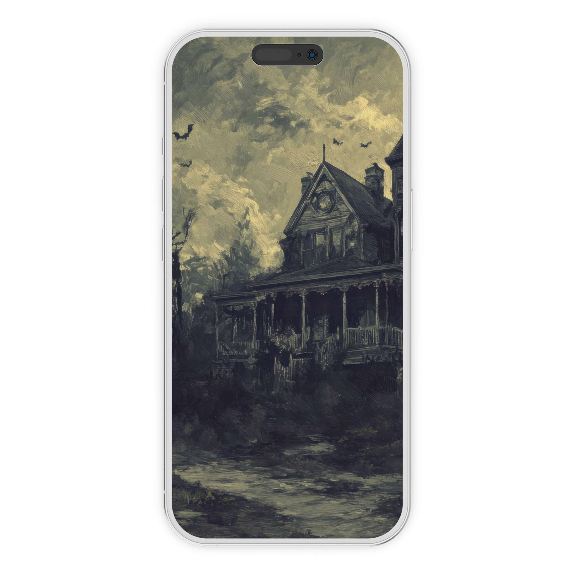Eerie halloween iPhone wallpaper with a haunted house painting offers a serene, artistic phone background perfect for digital download