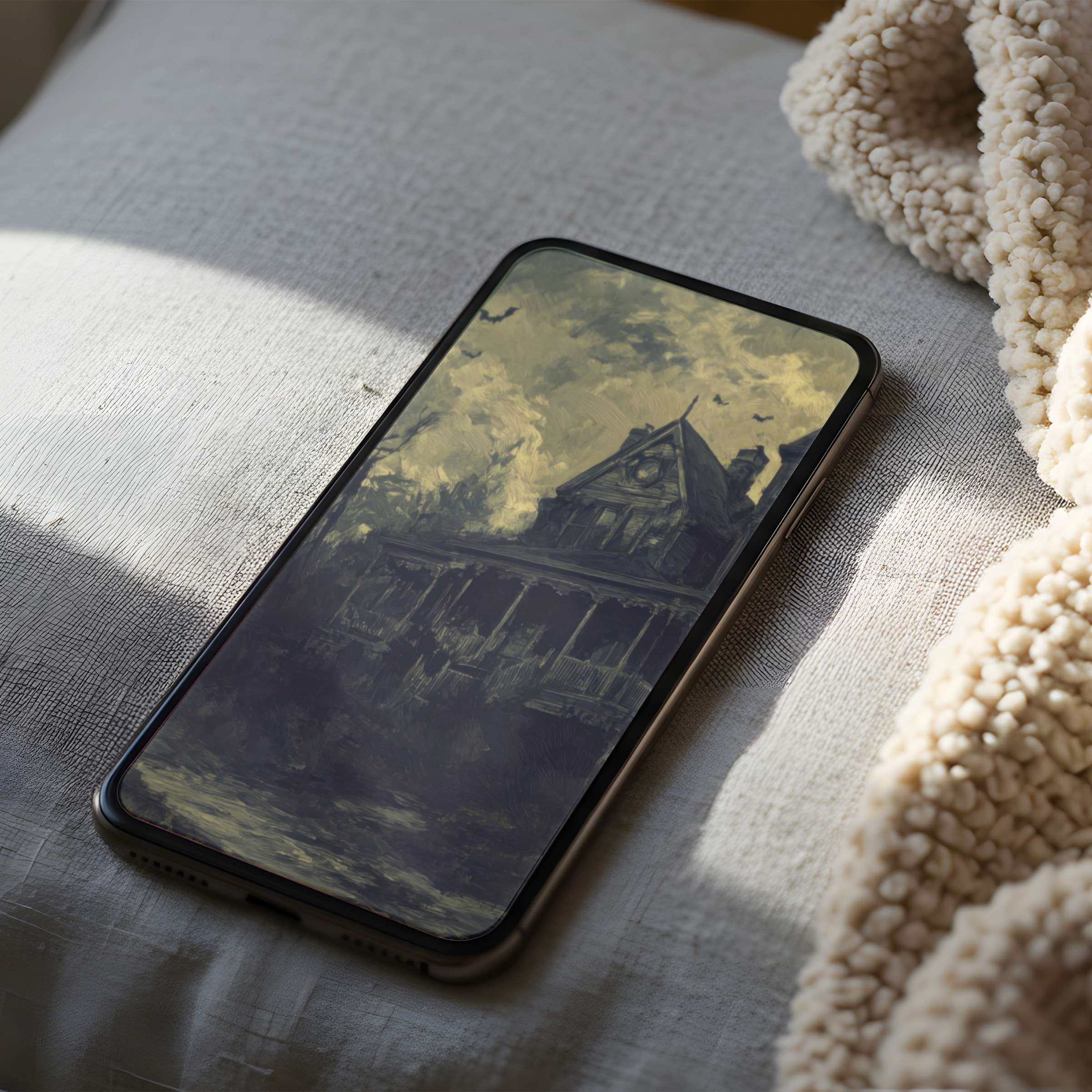 Vintage house phone wallpaper in moody yellow and gray hues evokes tranquility and charm, perfect for high-resolution digital download