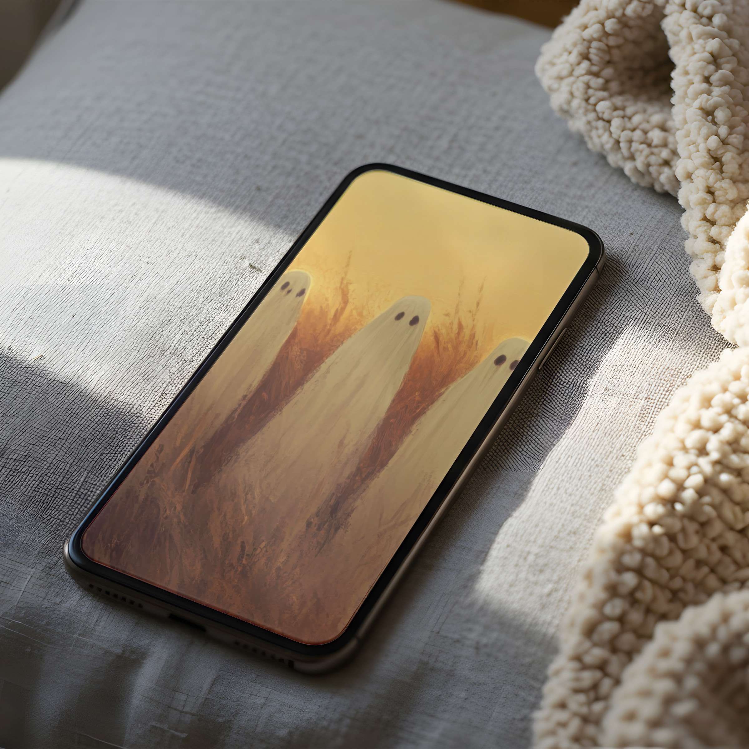 Ethereal ghost motif phone wallpaper with warm tones offers high resolution aesthetic peace for iPhone and Android digital download