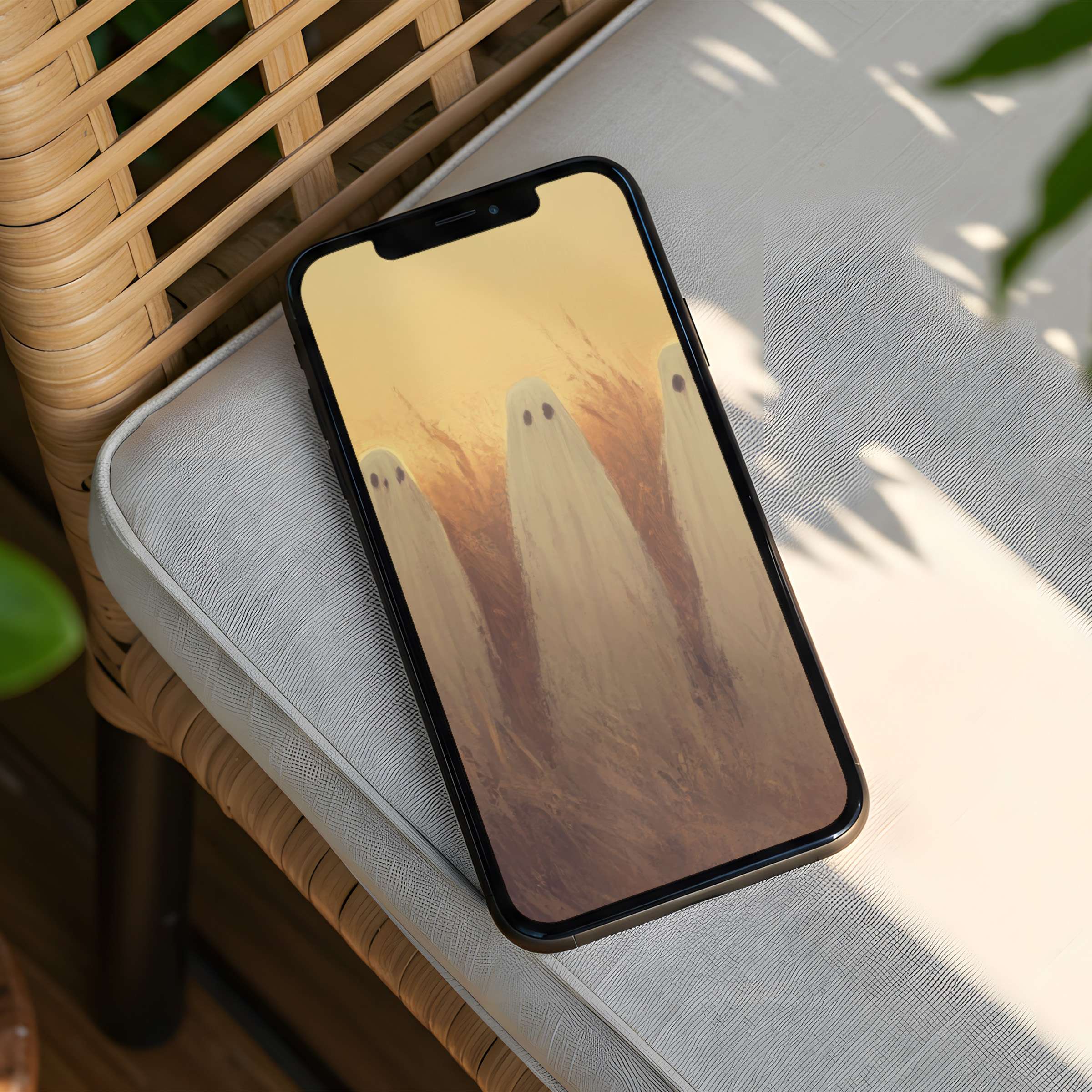 Ethereal ghostly figures in soft golden light create a serene iPhone background perfect for instant download on any phone