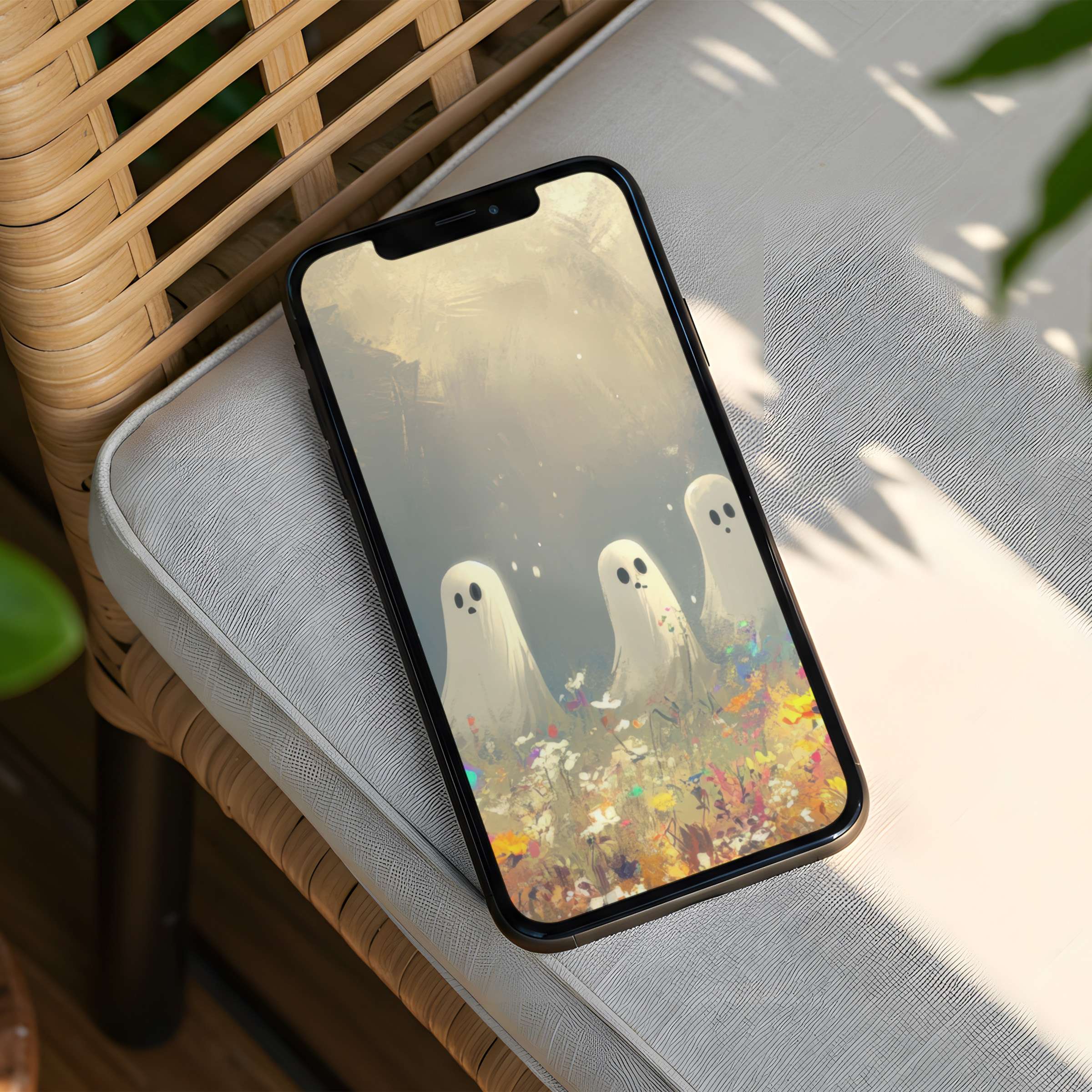 Elegant iPhone background of serene ghostly figures amidst a colorful meadow for instant download to inspire calm on your phone