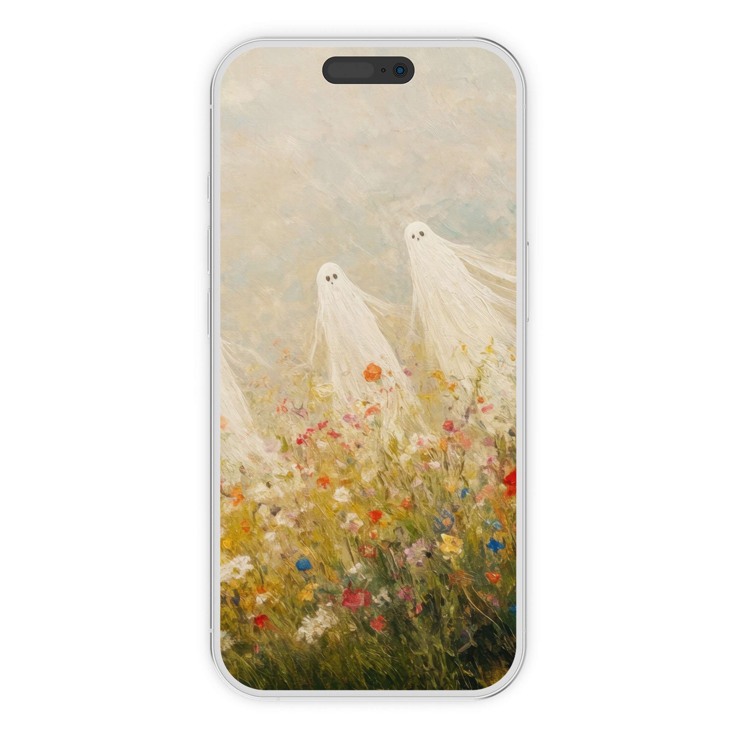 Ethereal ghosts in fields of pastel flowers create a serene halloween iPhone wallpaper perfect for digital download as a phone background