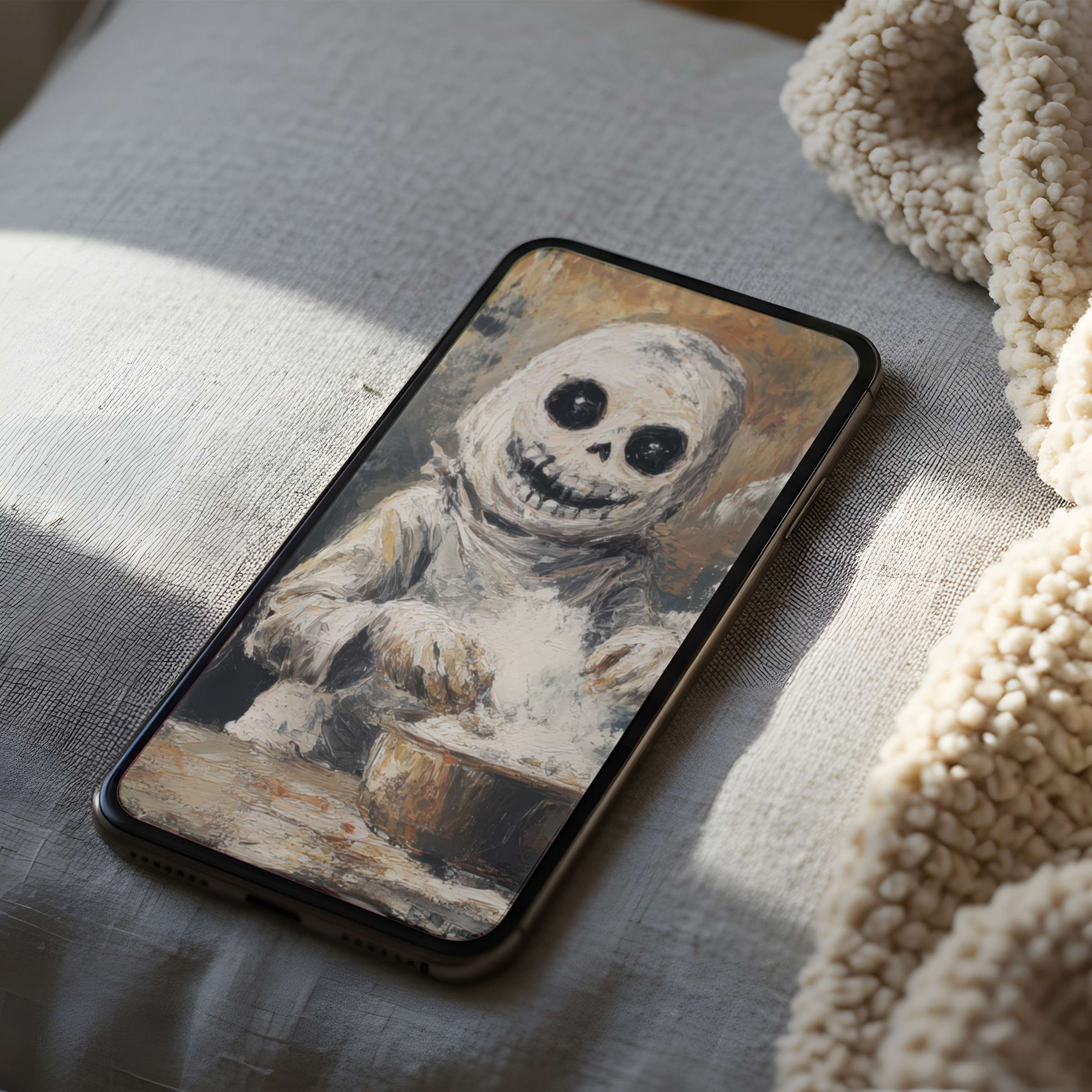 Calming phone wallpaper featuring a whimsical skeleton painting on an iPhone, ideal for high resolution digital downloads, eco-friendly design