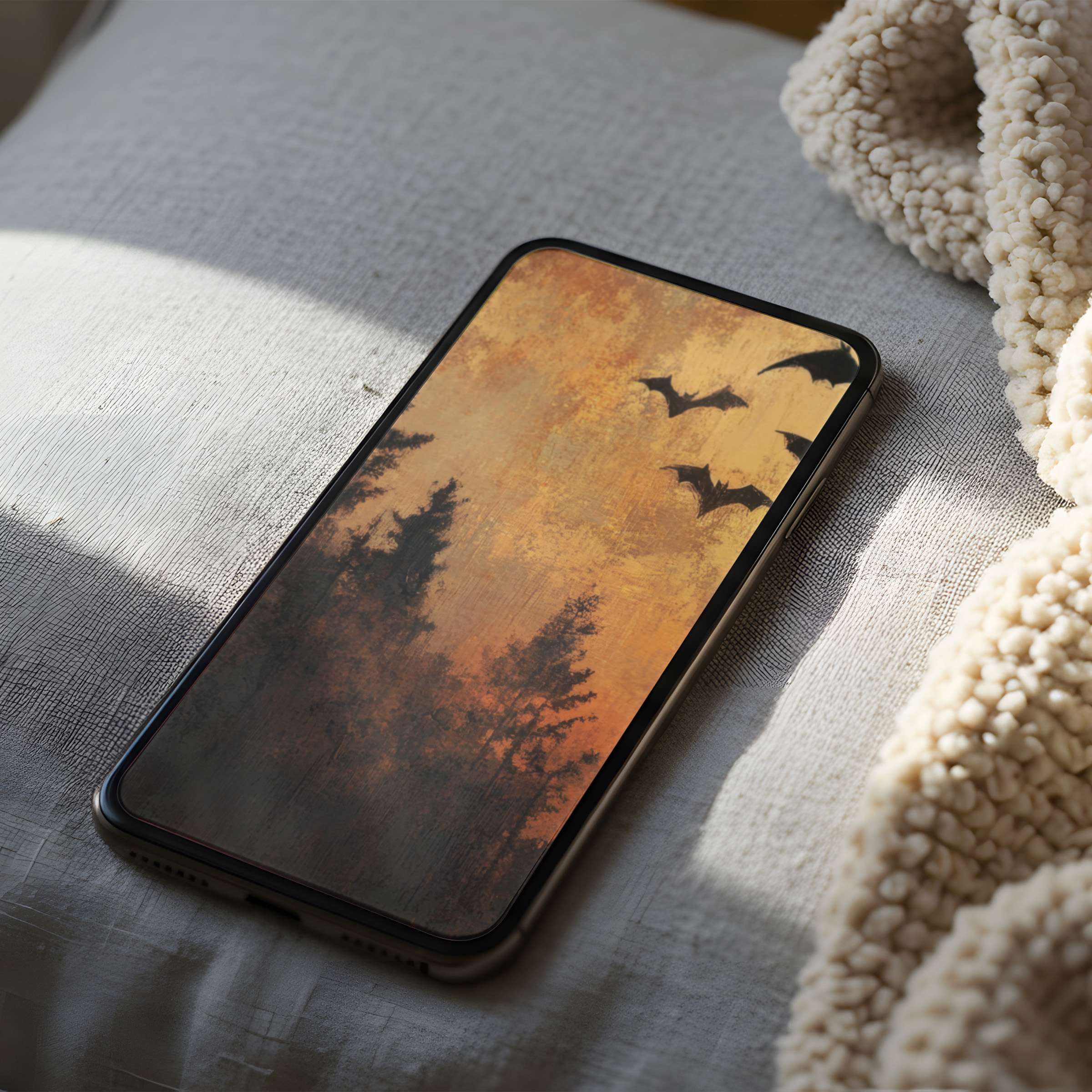 Elegant phone wallpaper featuring a serene forest silhouette with bats against a warm sunset for iPhone and Android download