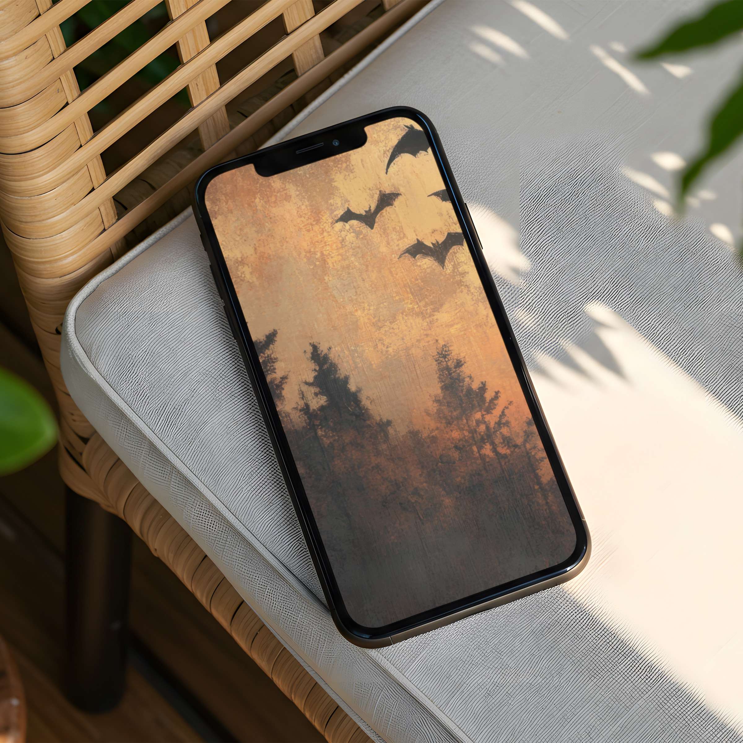 Ethereal sunset forest iPhone background showcasing elegance and calm, perfect for phone screens, instant download for mindful inspiration