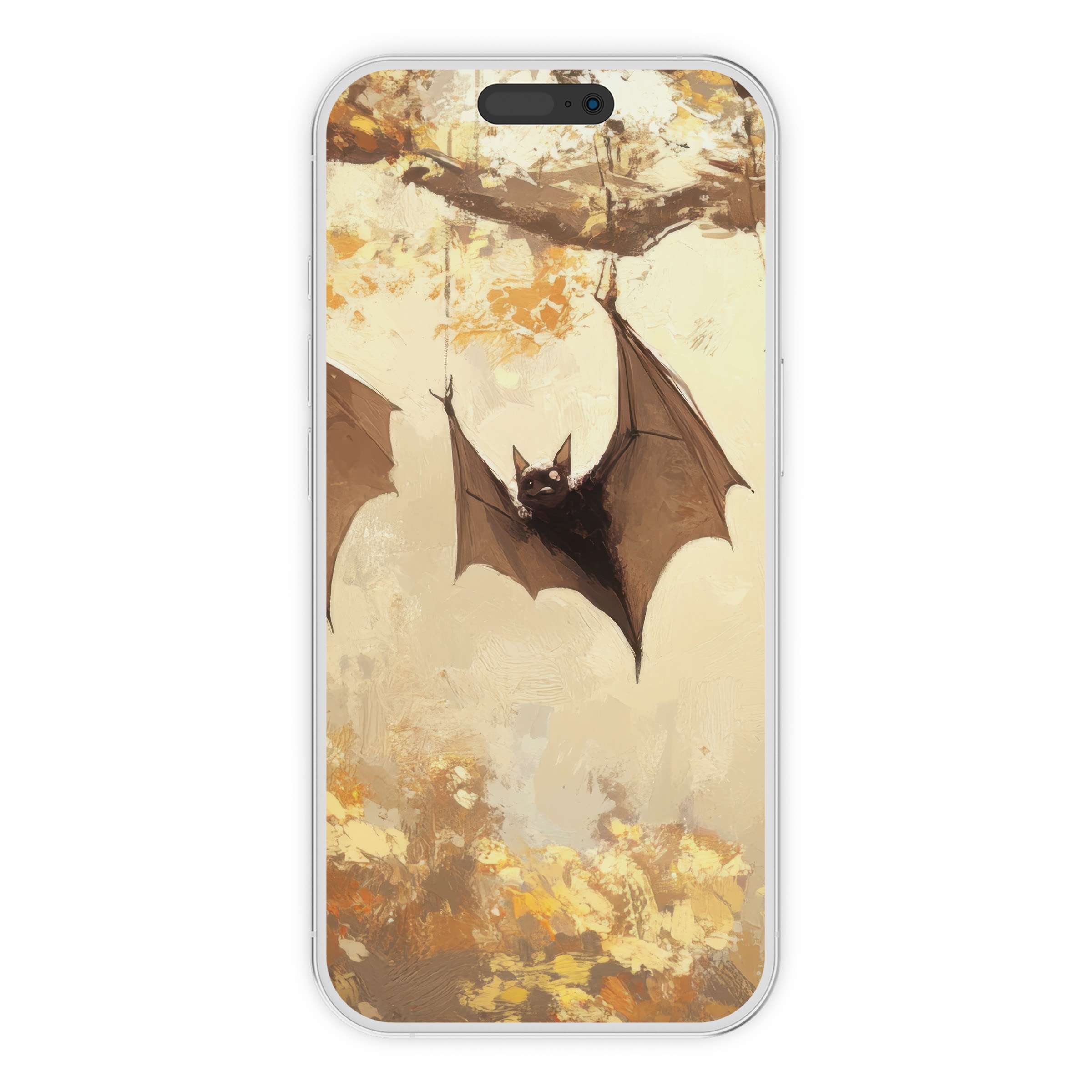 Elegant halloween iPhone wallpaper featuring artistic bats and golden leaves background for peaceful phone aesthetics digital download