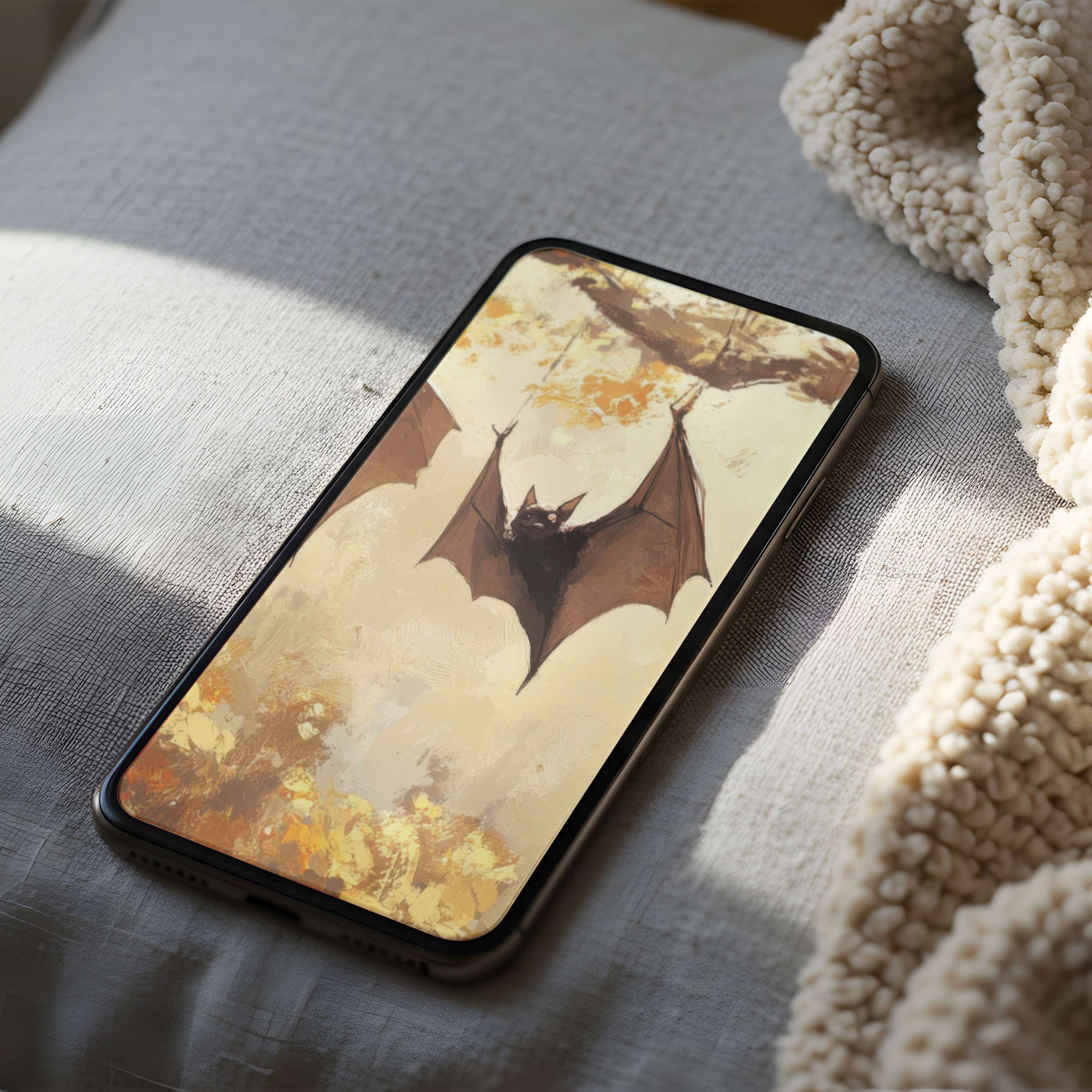 Serene bat-themed phone wallpaper in warm, earthy tones, perfect high resolution digital download for iPhone, android users seeking calm