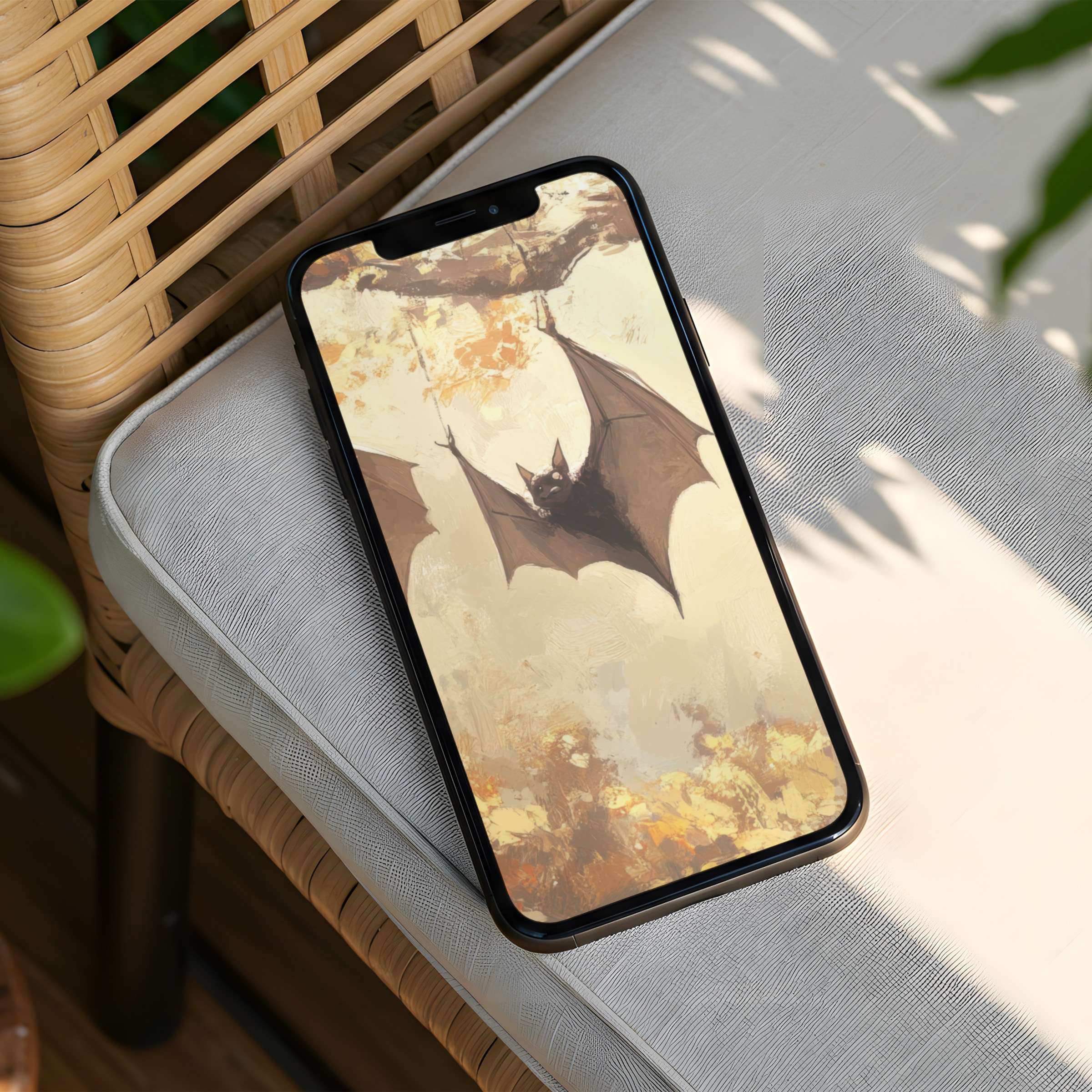 Elegant bat illustration iPhone background for instant download brings calm and inspiration to your phone with soothing autumn hues
