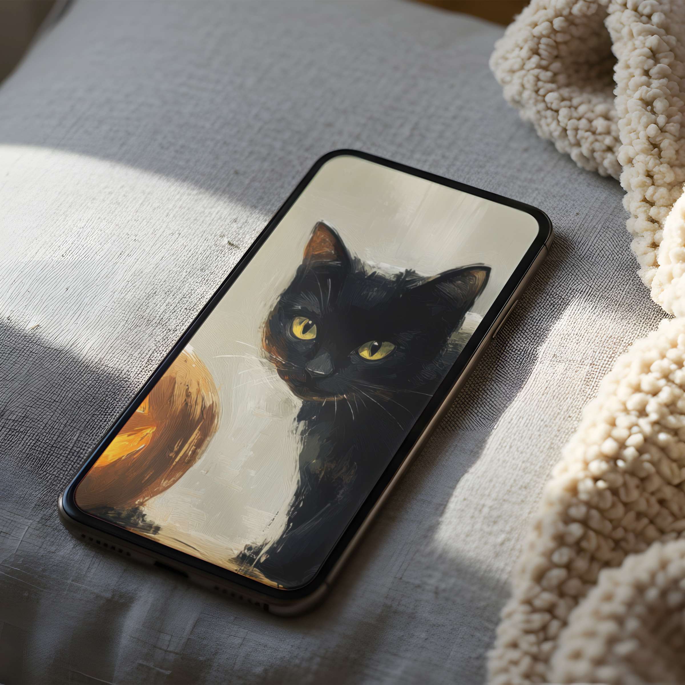 Elegantly curated phone wallpaper featuring a serene black cat with mesmerizing eyes, suitable for iPhone and android digital download