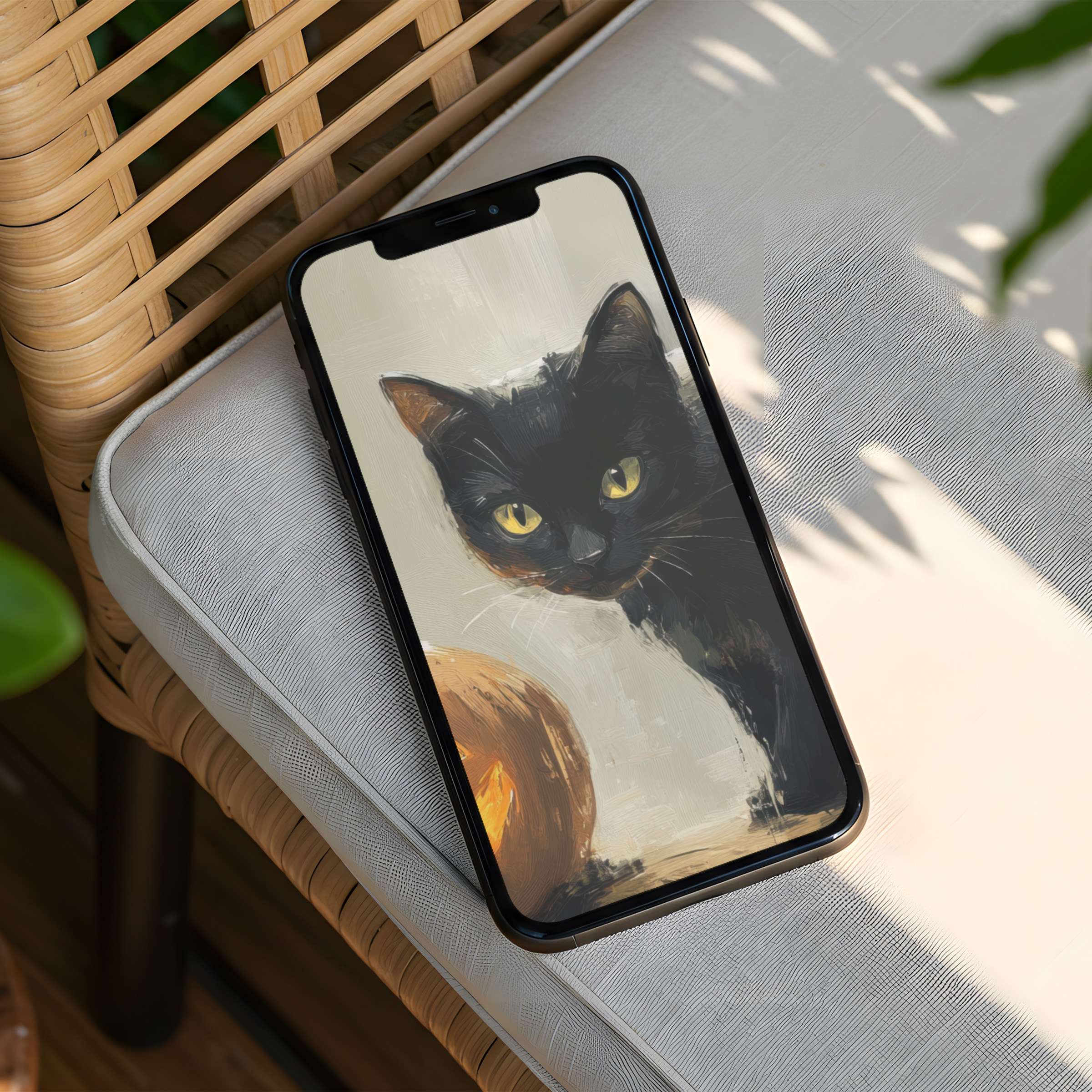 Elegant iPhone background featuring a calm black cat art for instant download on phone screens brings inspiration and mindfulness