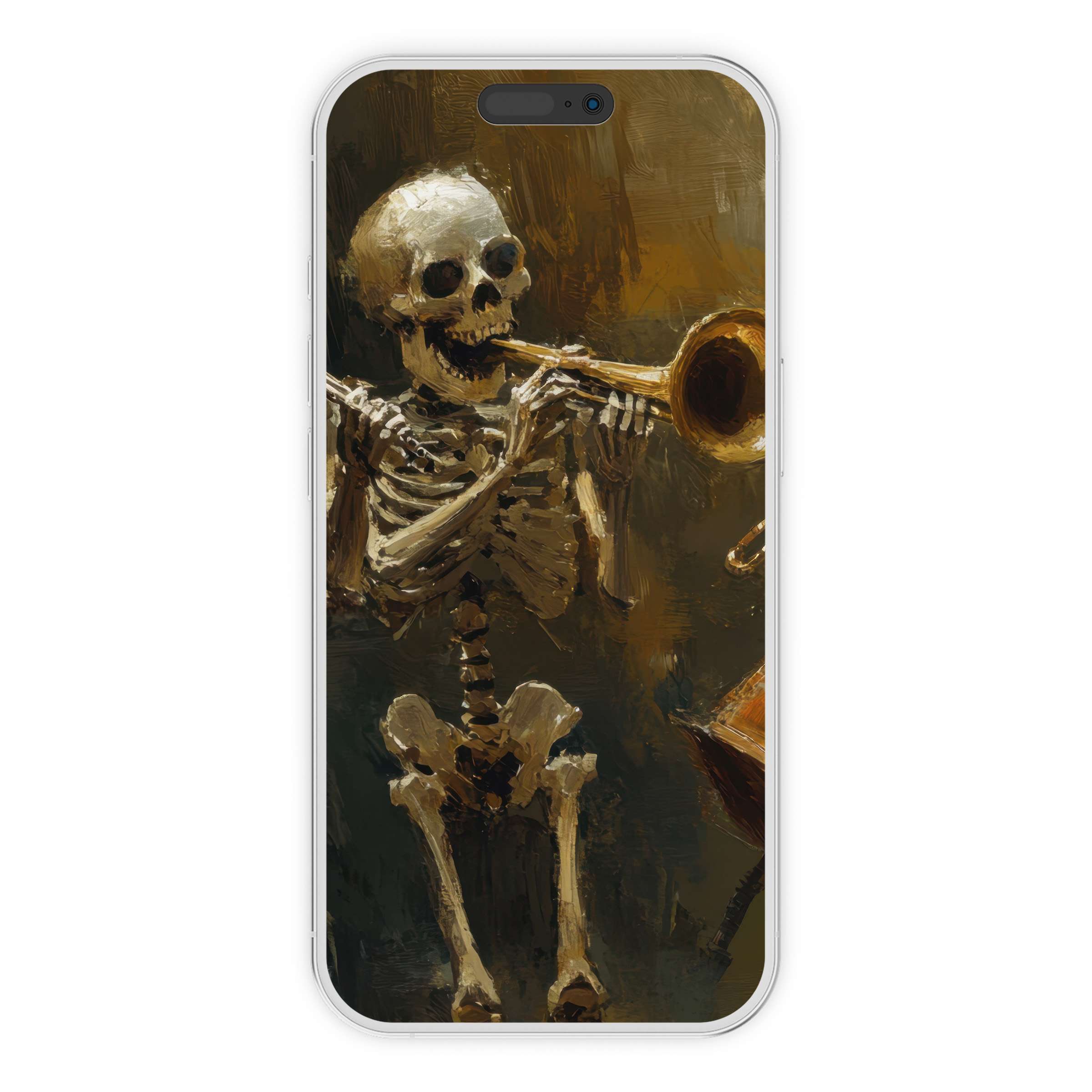 Elegant halloween iPhone wallpaper featuring a skeleton playing a trumpet in rich earthy tones for a soothing digital download background