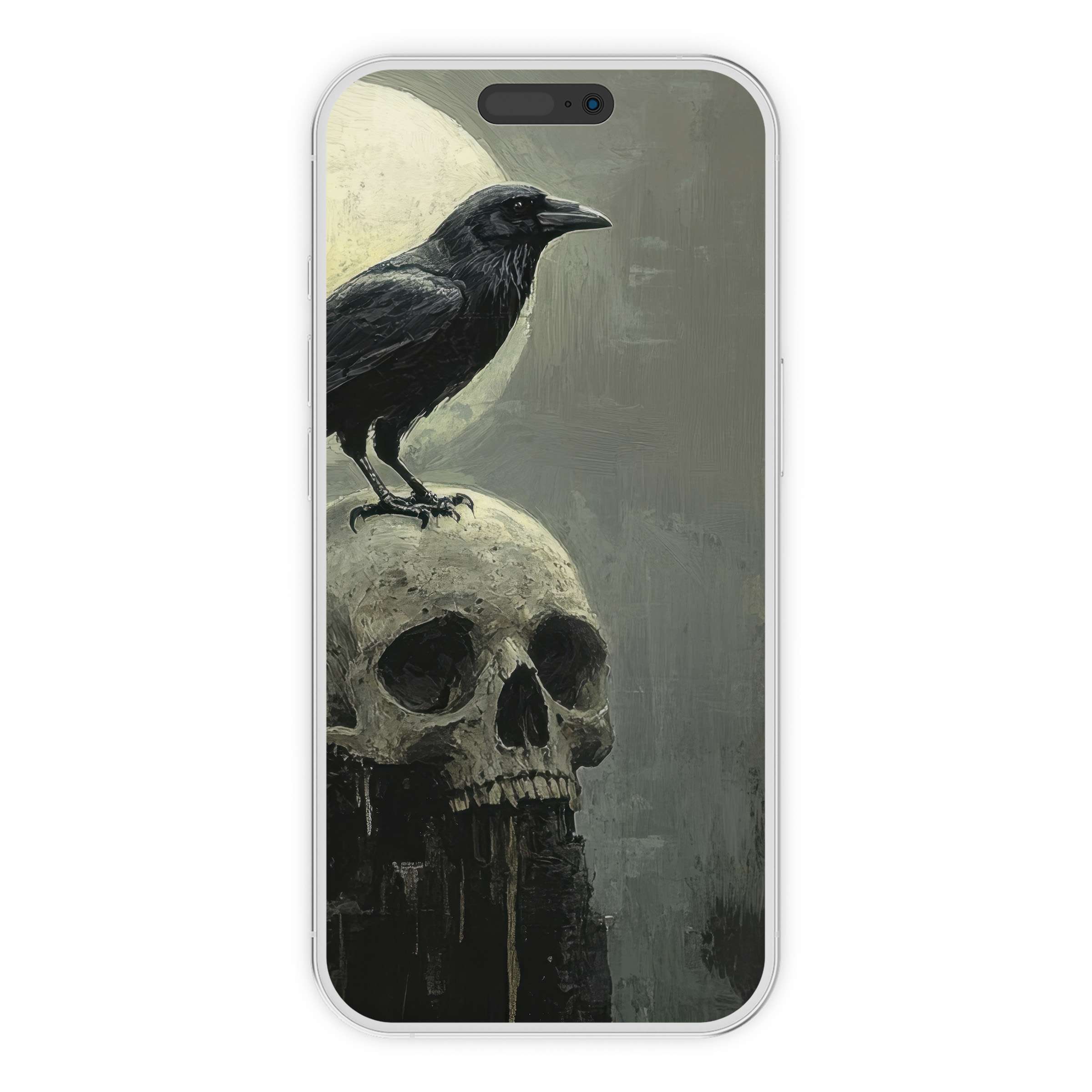 Halloween iPhone wallpaper features a raven on a skull under a full moon creating an eerie yet elegant phone background suitable for digital download and phone customization