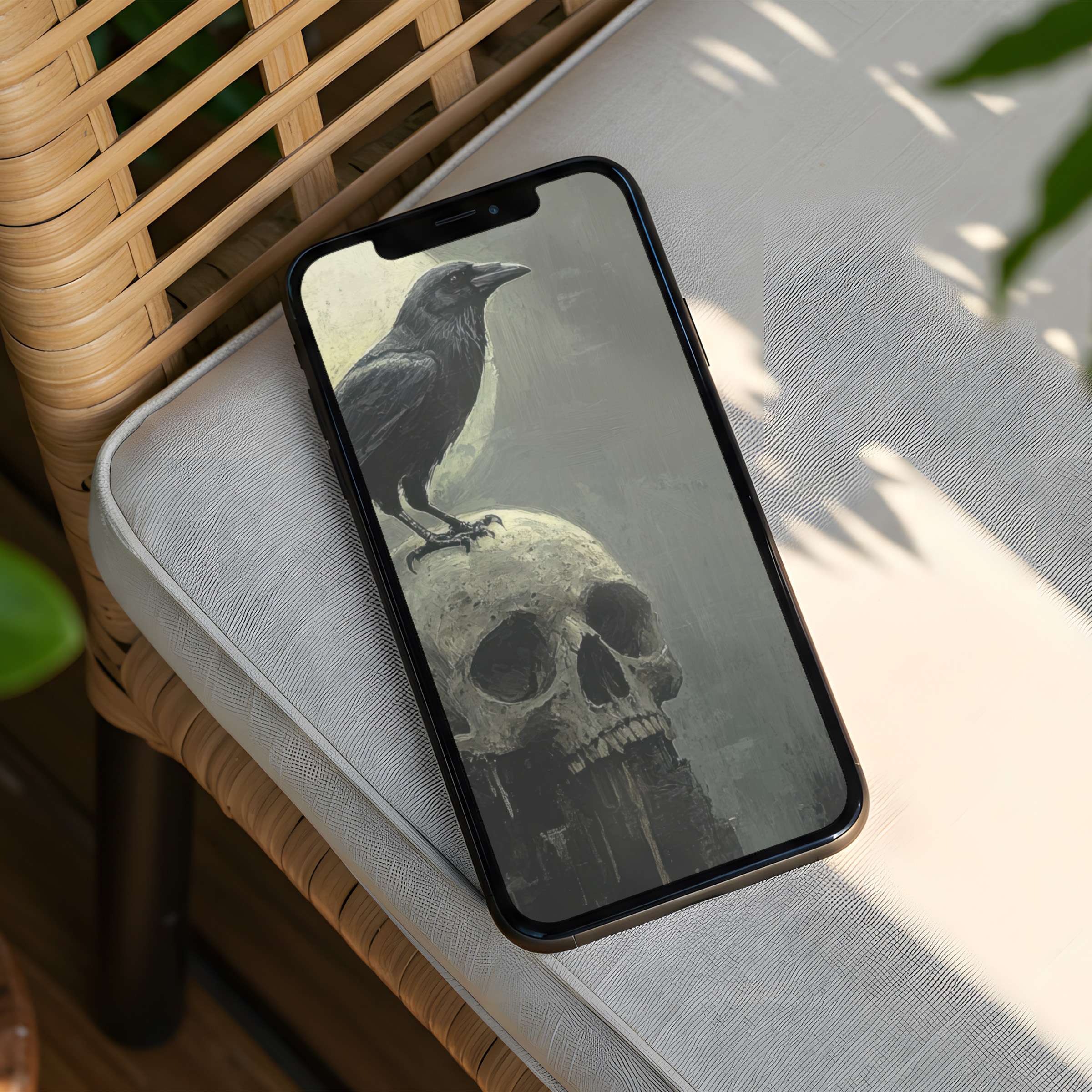 Elegant raven and skull art for iPhone background offering calm inspiration instant download fits any phone for mindful design