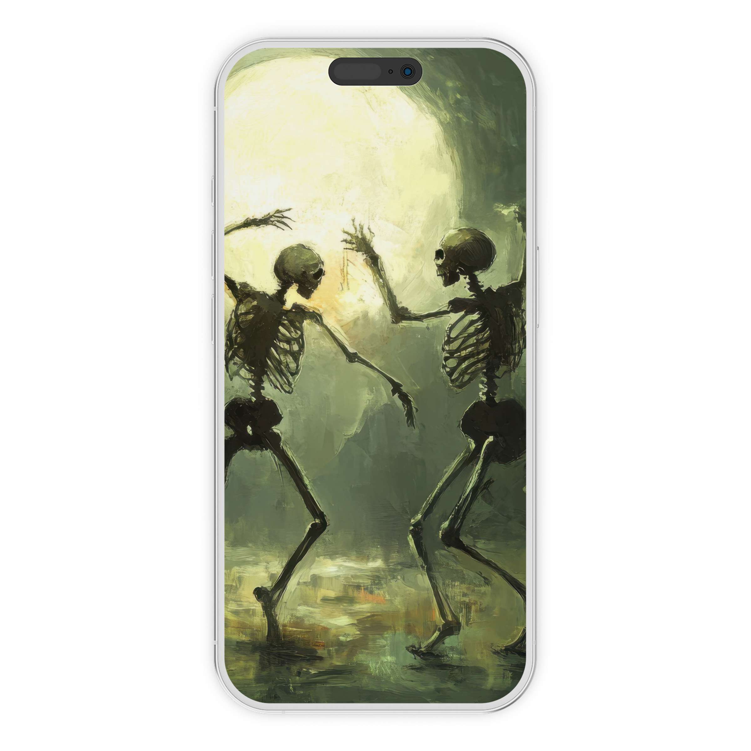 Ethereal halloween iPhone wallpaper with skeletons dancing under a glowing moon offering a serene digital download for phone background