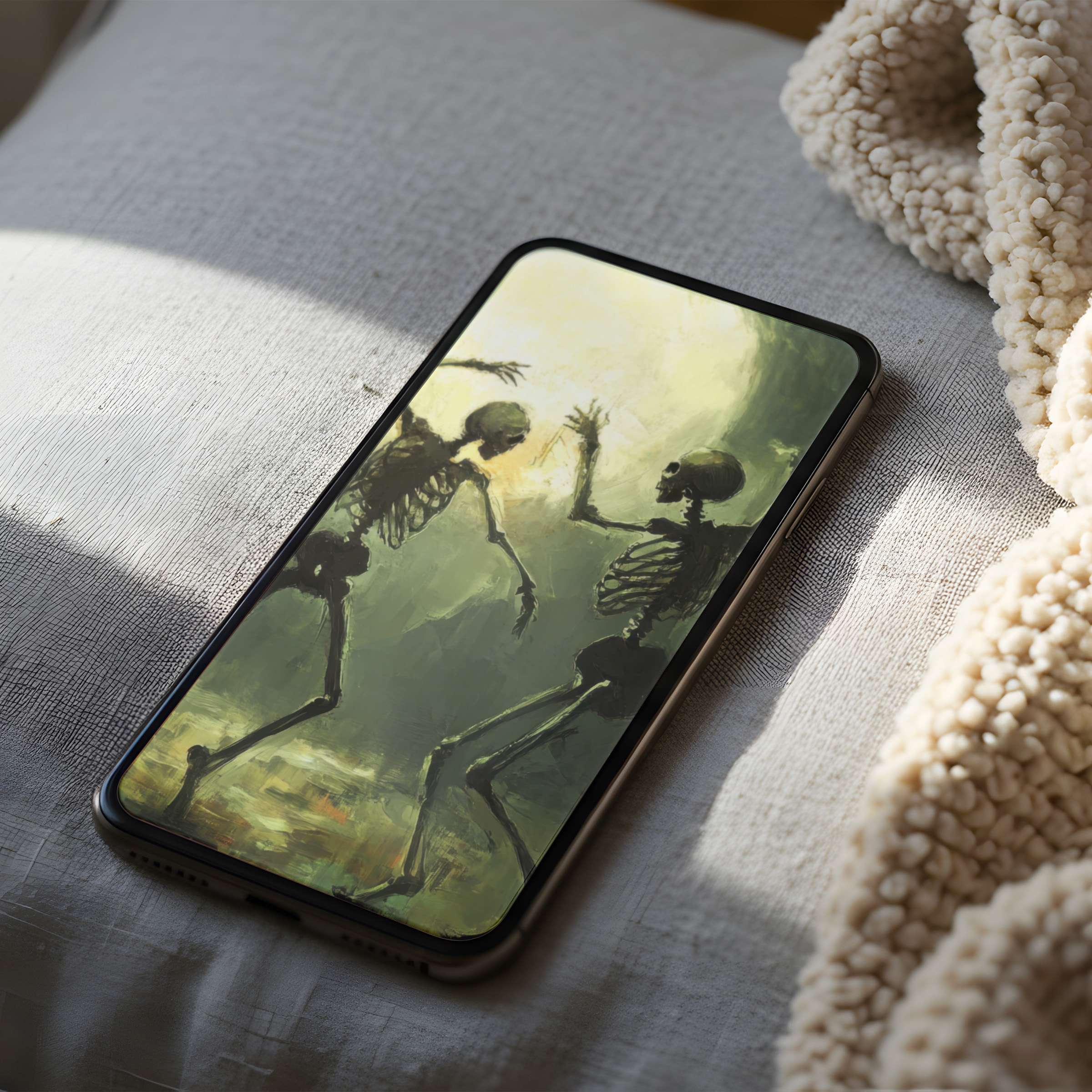 Elegant digital phone wallpaper featuring two artistic skeletons in soft tones, ideal for high resolution iPhone and android download