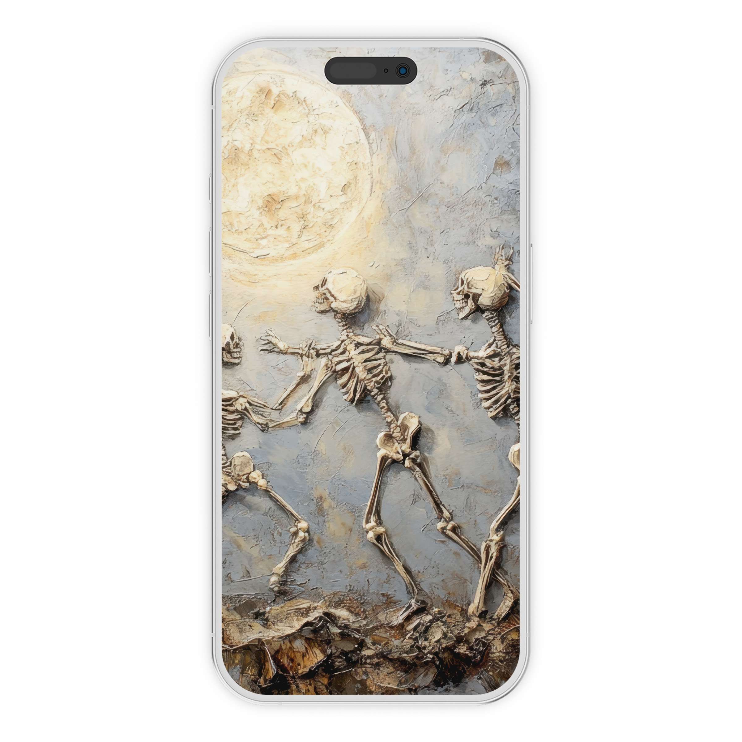 Halloween iPhone wallpaper digital download featuring textured skeletons dancing under a moonlit sky background suitable for any phone