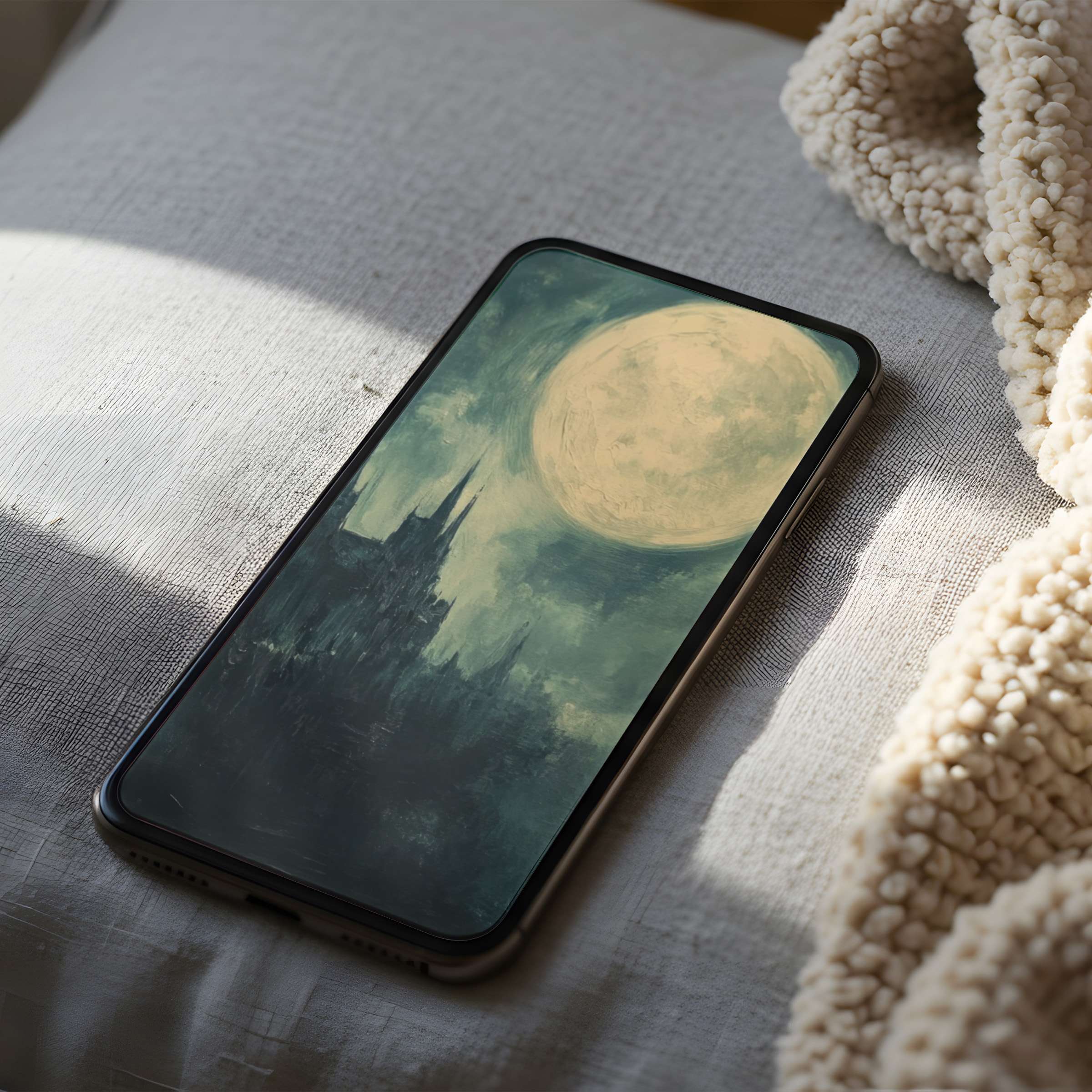 Elegant moonlit castle design phone wallpaper offers calm with high-resolution digital download for both iPhone and Android devices
