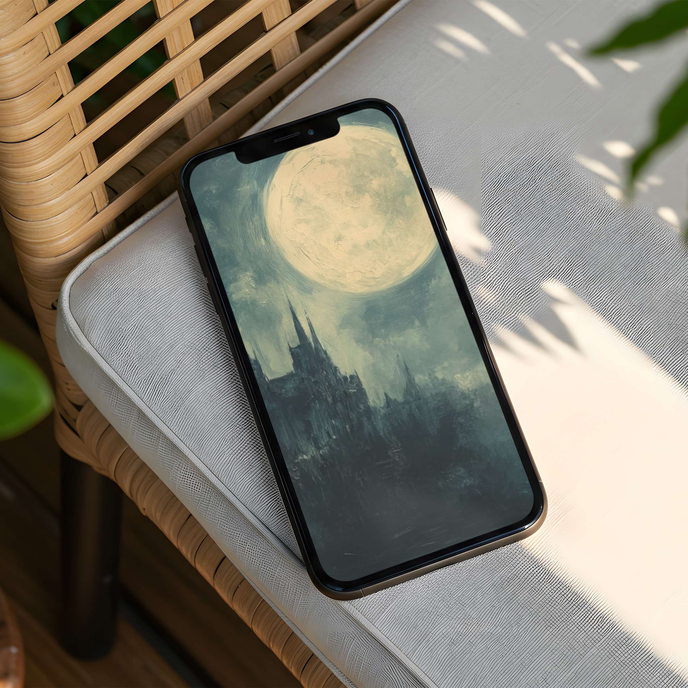 Elegant digital painting of a moonlit castle creates a calming iPhone background for mindful inspiration instant download for any phone