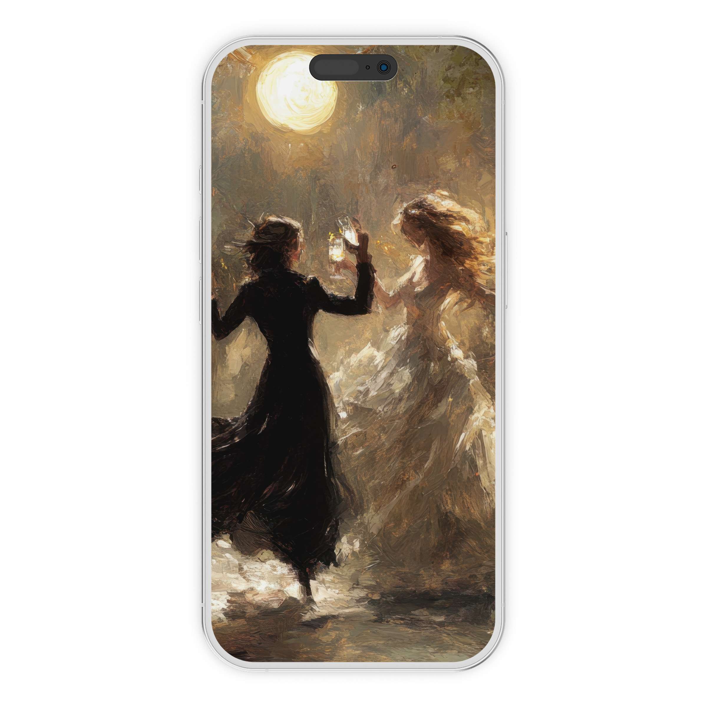 Elegant halloween iPhone wallpaper featuring ethereal dance under a glowing moon perfect phone background digital download art