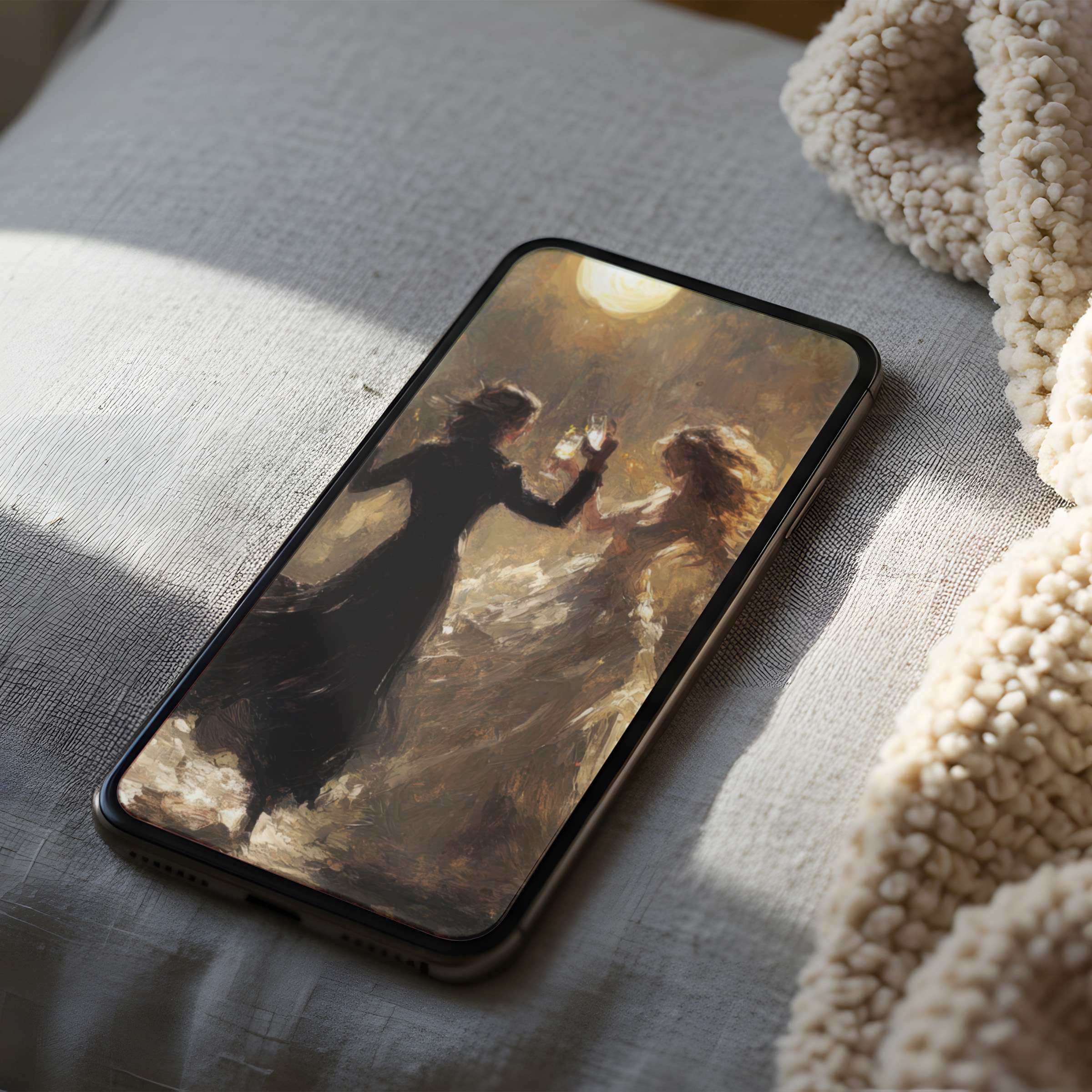 Elegant phone wallpaper featuring a high-resolution painting of two figures in soft, warm tones, perfect for iPhone and Android digital download