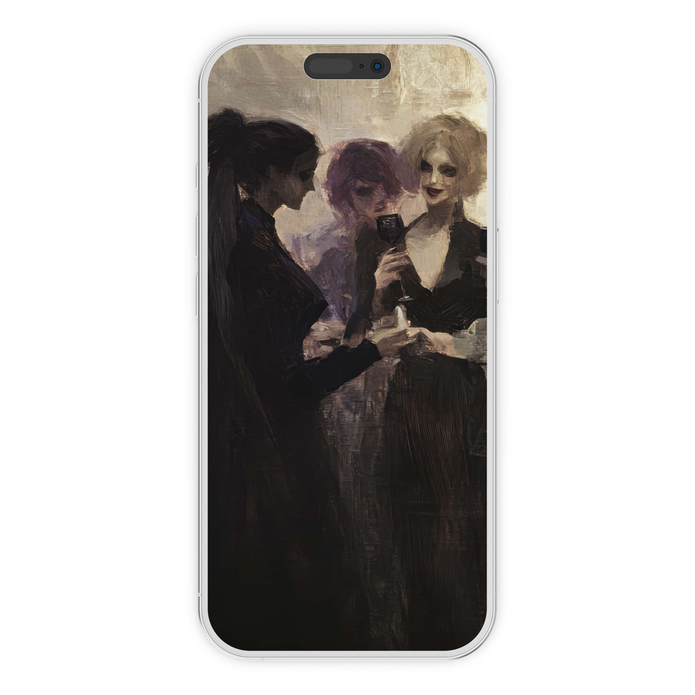 Elegant halloween iPhone wallpaper featuring dark, moody figures in soft brushstrokes for an inspiring phone background, digital download available