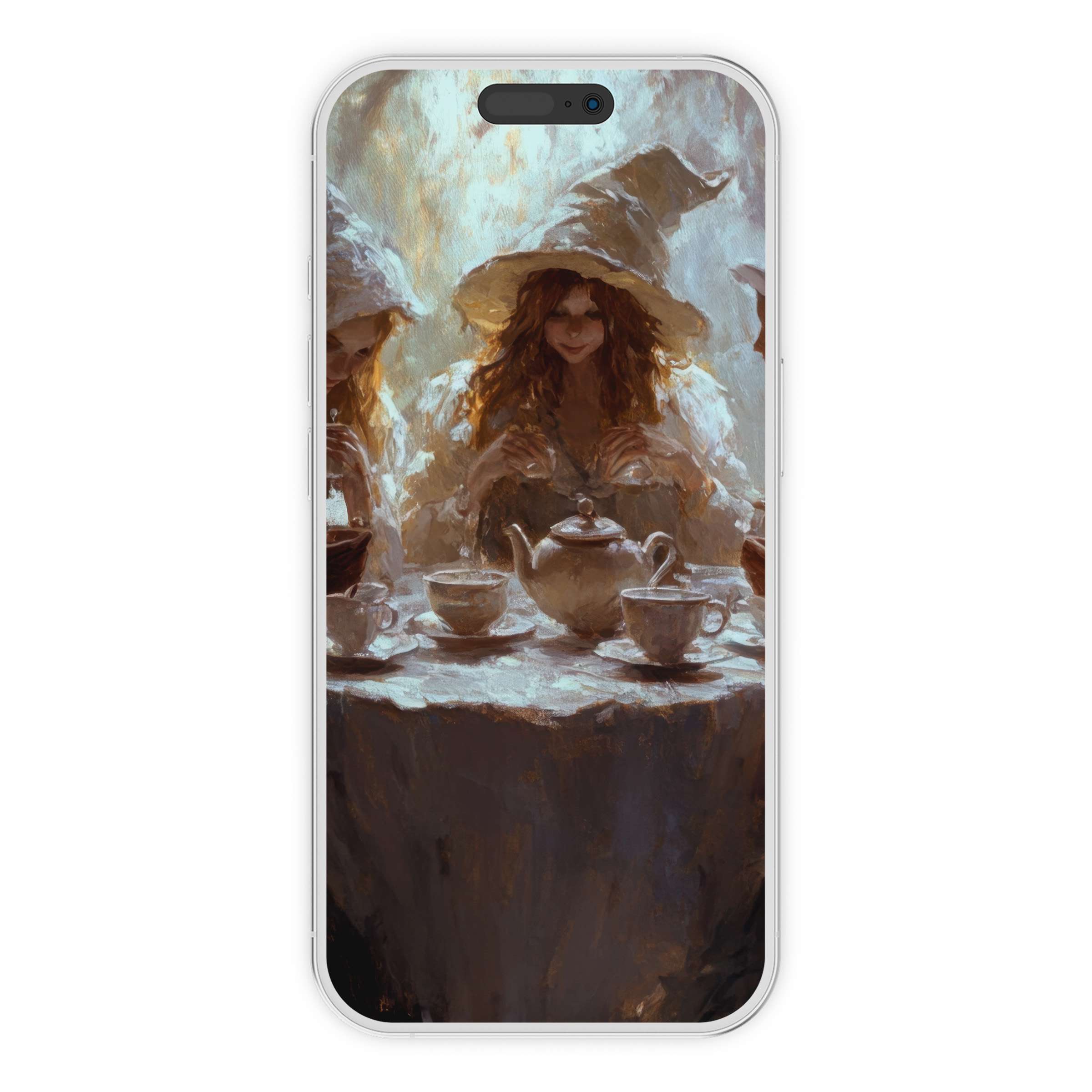 Ethereal halloween iPhone wallpaper featuring serene witches at a tea party in soft hues creates a soothing phone background digital download fitting iPhone Android