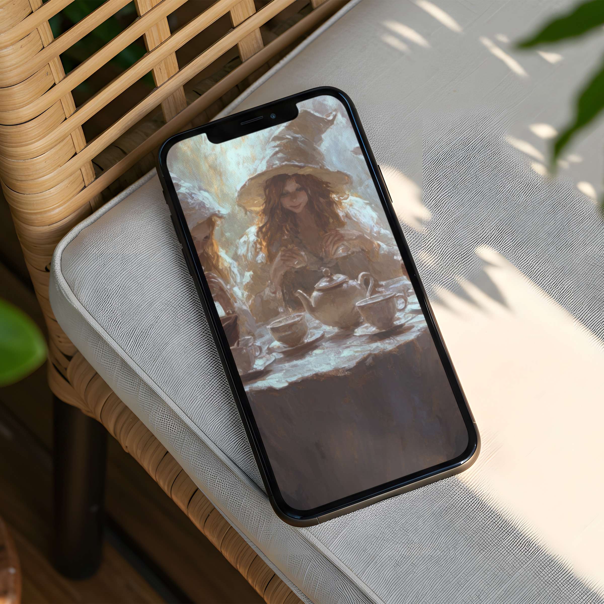 Elegant iPhone background with serene art of tea scene offers instant download for any phone inspiring calm and mindfulness