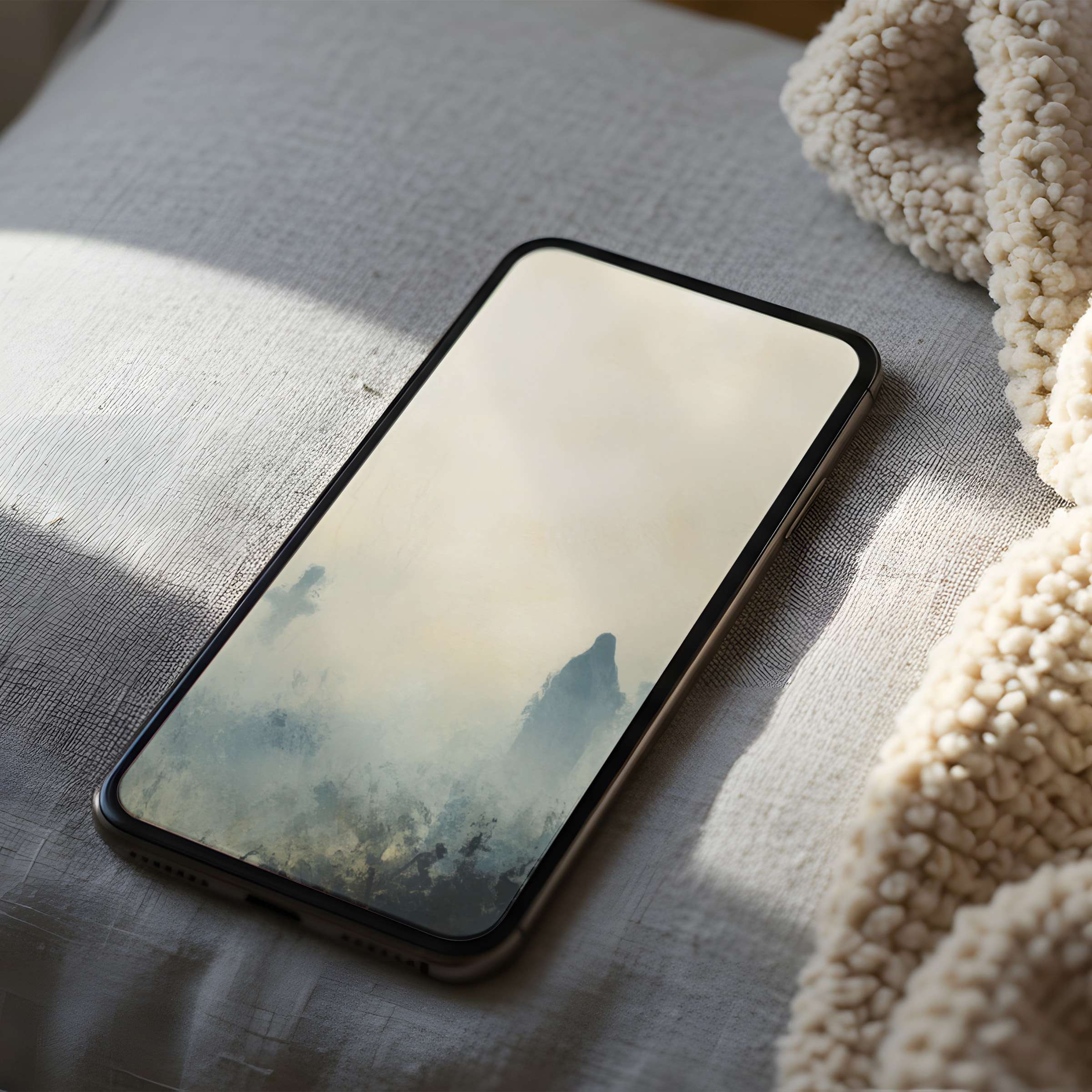 Elegant phone wallpaper featuring misty mountain artwork, perfect for iPhone and Android digital download, inspiring calm and aesthetic beauty