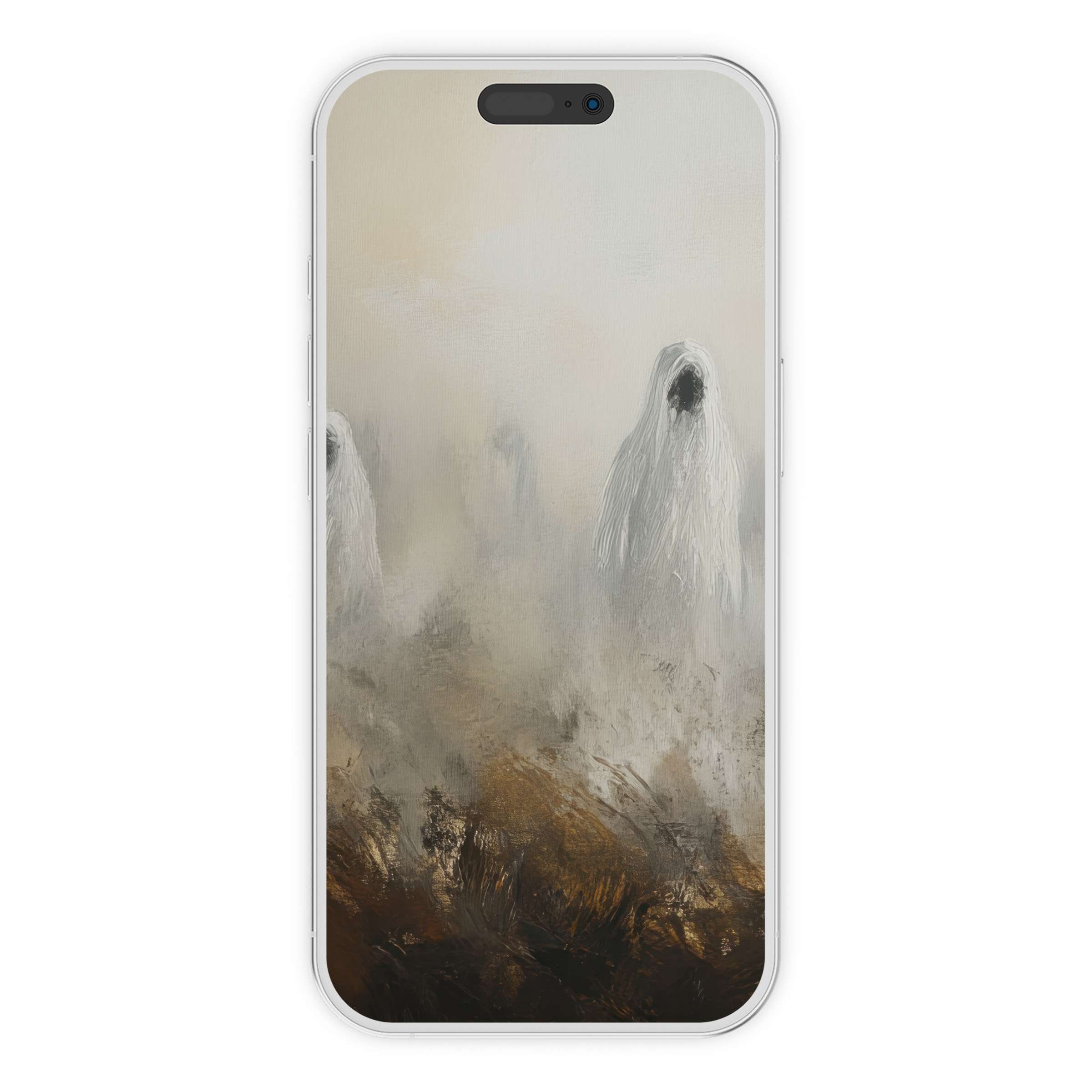 Ethereal halloween iPhone wallpaper with misty ghostly figures in a serene digital download phone background for any device