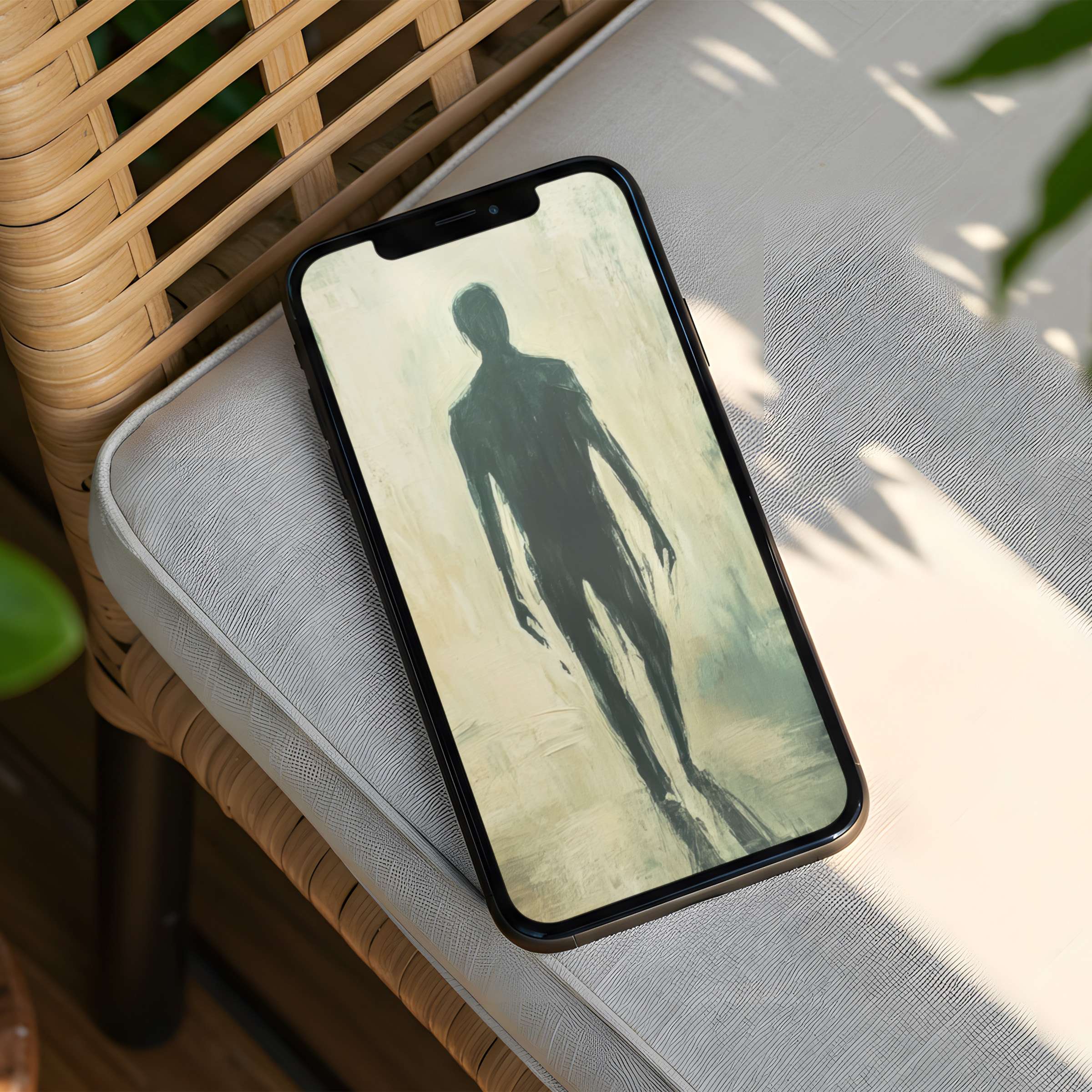 Serene silhouette art on an iPhone background sits elegantly on a seat for instant download fitting all phone screens inspiring calm