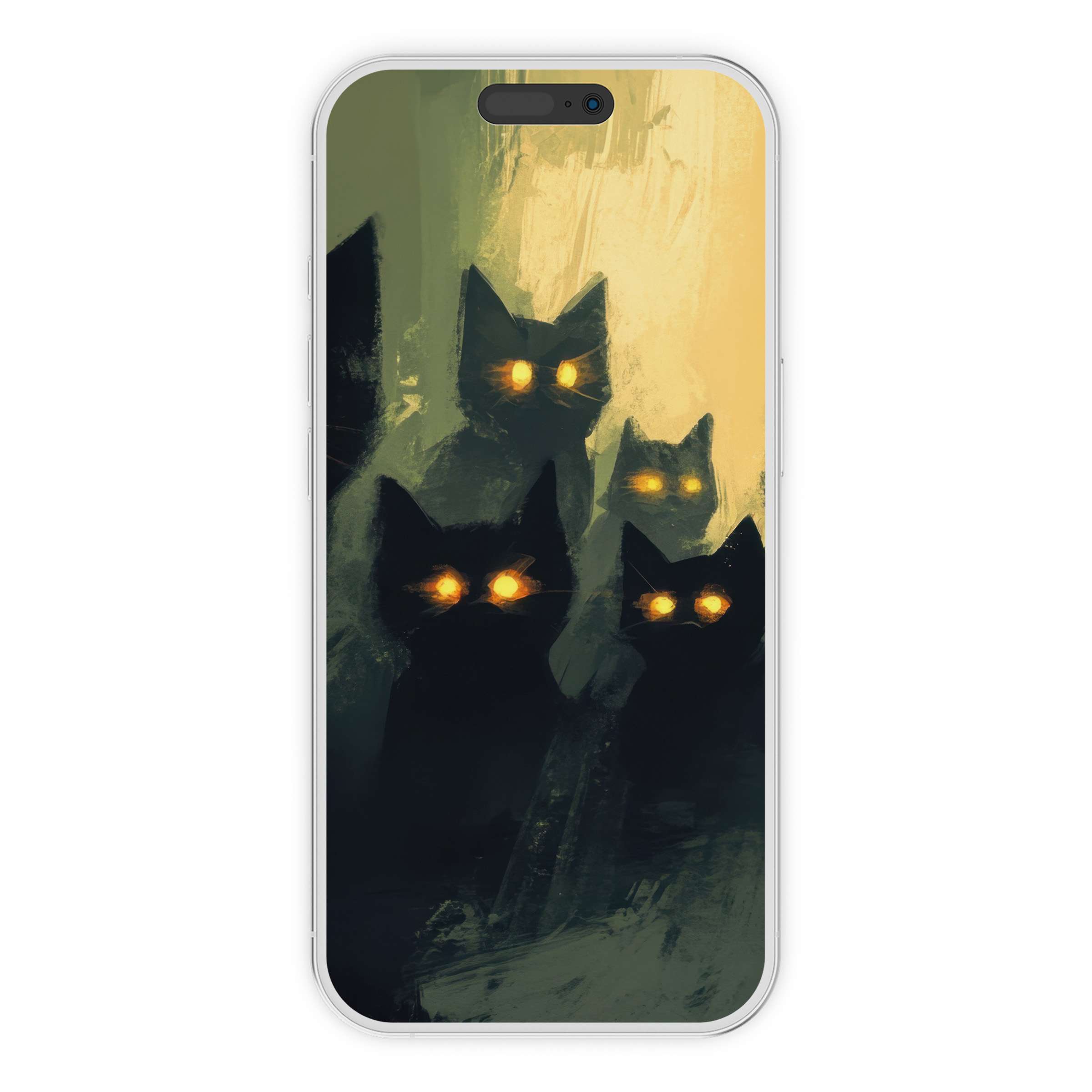 Halloween iPhone wallpaper featuring glowing-eyed cats in a digital download background for phone screens, perfect for iOS and Android