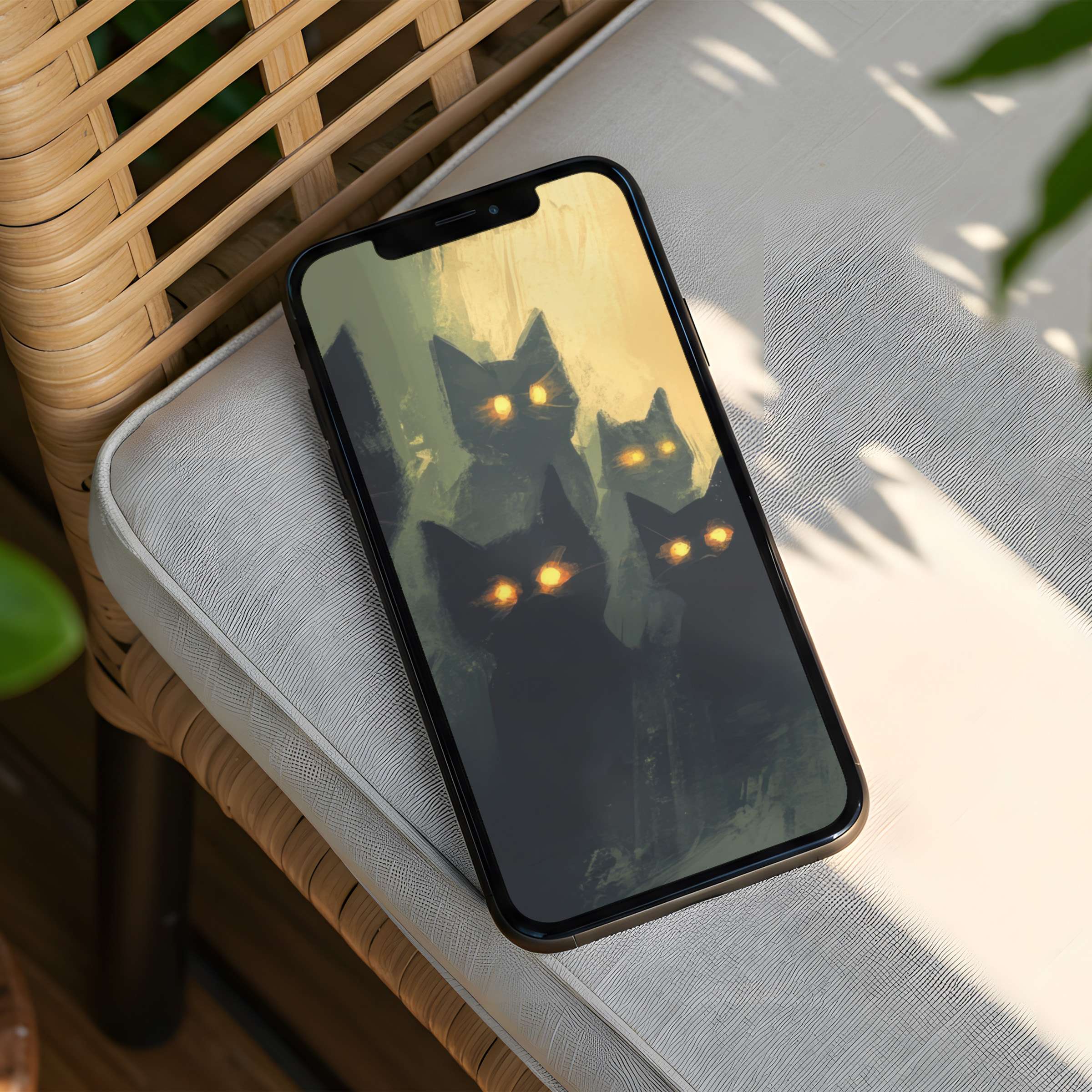 Download this captivating phone wallpaper featuring mysterious glowing-eyed cats, ideal for an iPhone background and instant download