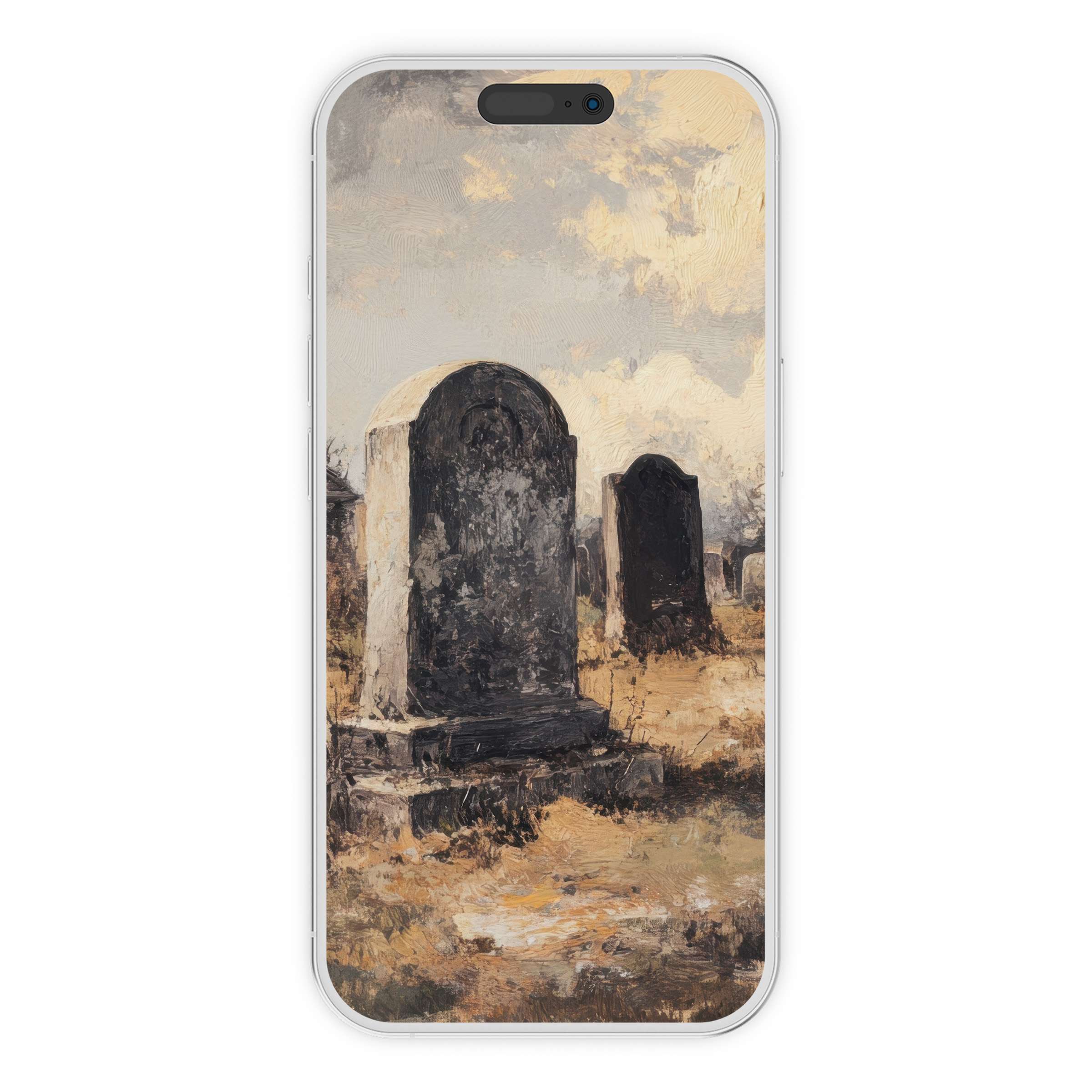 Elegant halloween iPhone wallpaper with a moody cemetery scene, perfect phone background for a serene digital download experience