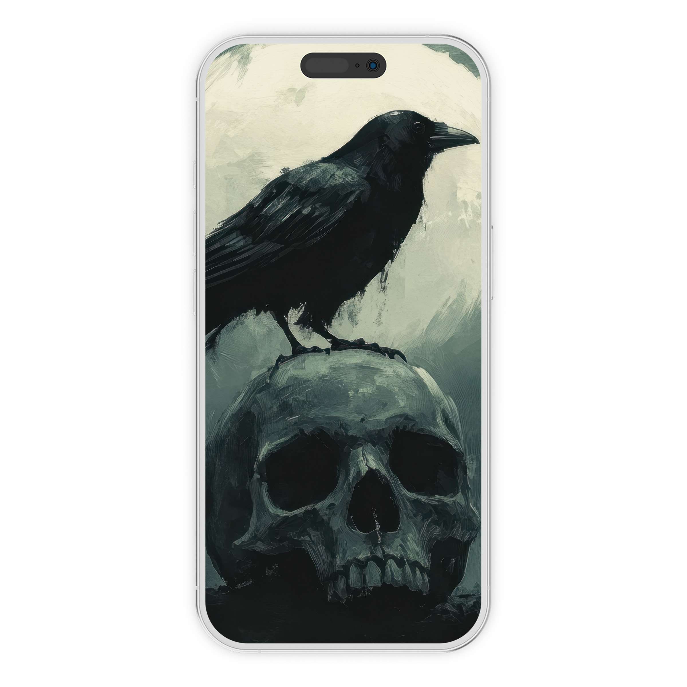 Elegant halloween iPhone wallpaper featuring a raven on a skull, perfect digital download for a haunting phone background mood