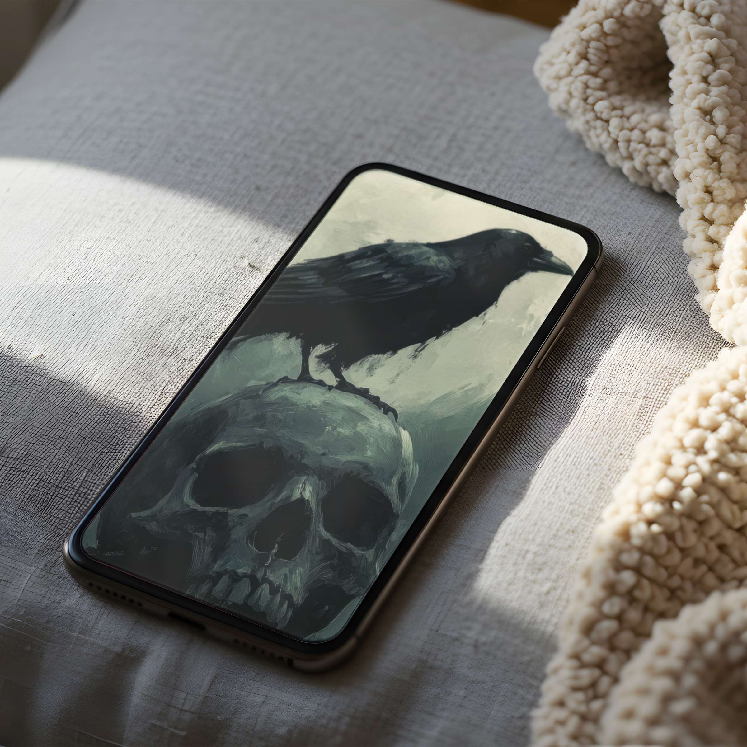 Elegant phone wallpaper featuring a raven on a skull in high resolution, inspiring contemplation and perfect for iPhone and Android users
