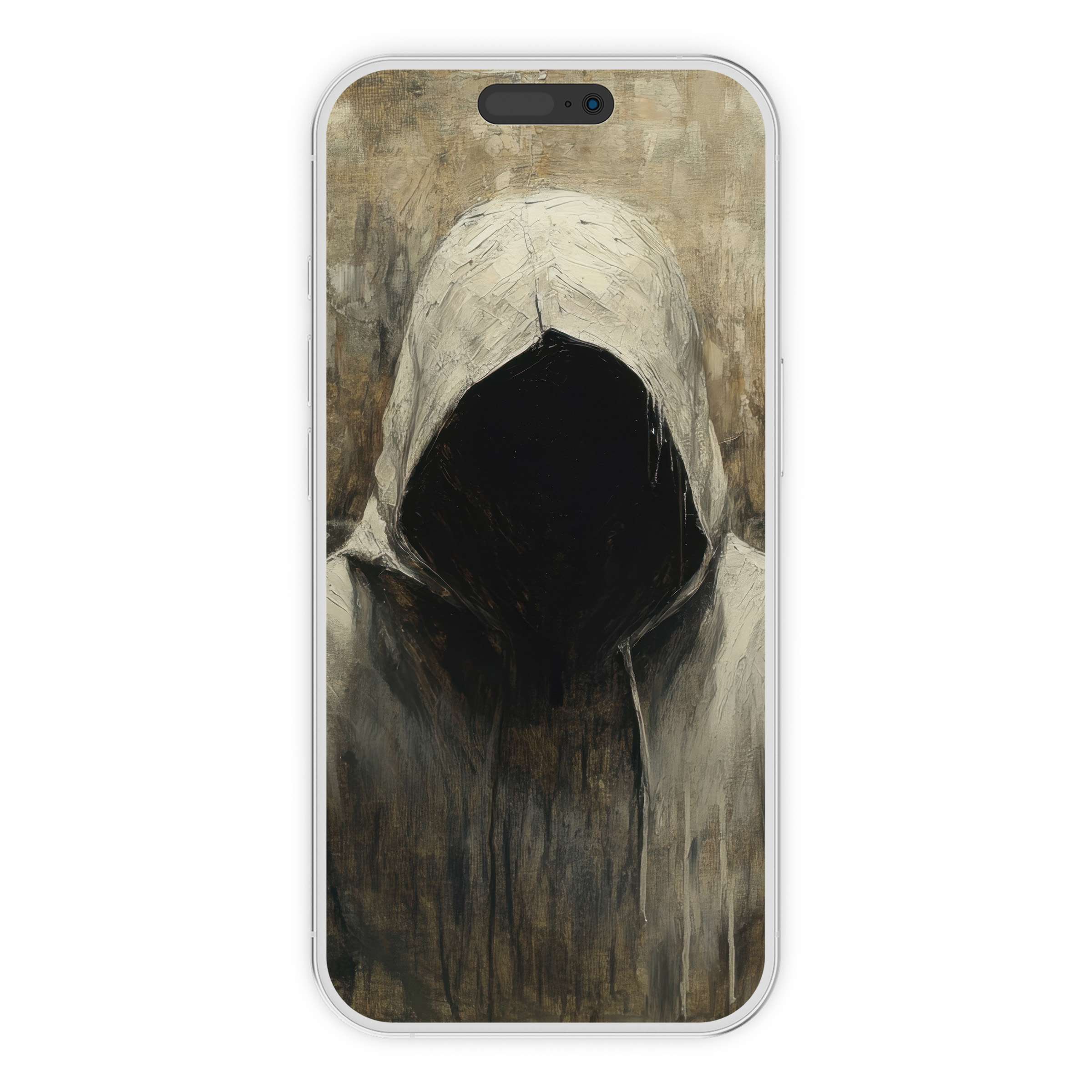 Eerie halloween iPhone wallpaper with a hooded figure in muted tones digital download ideal phone background for design lovers