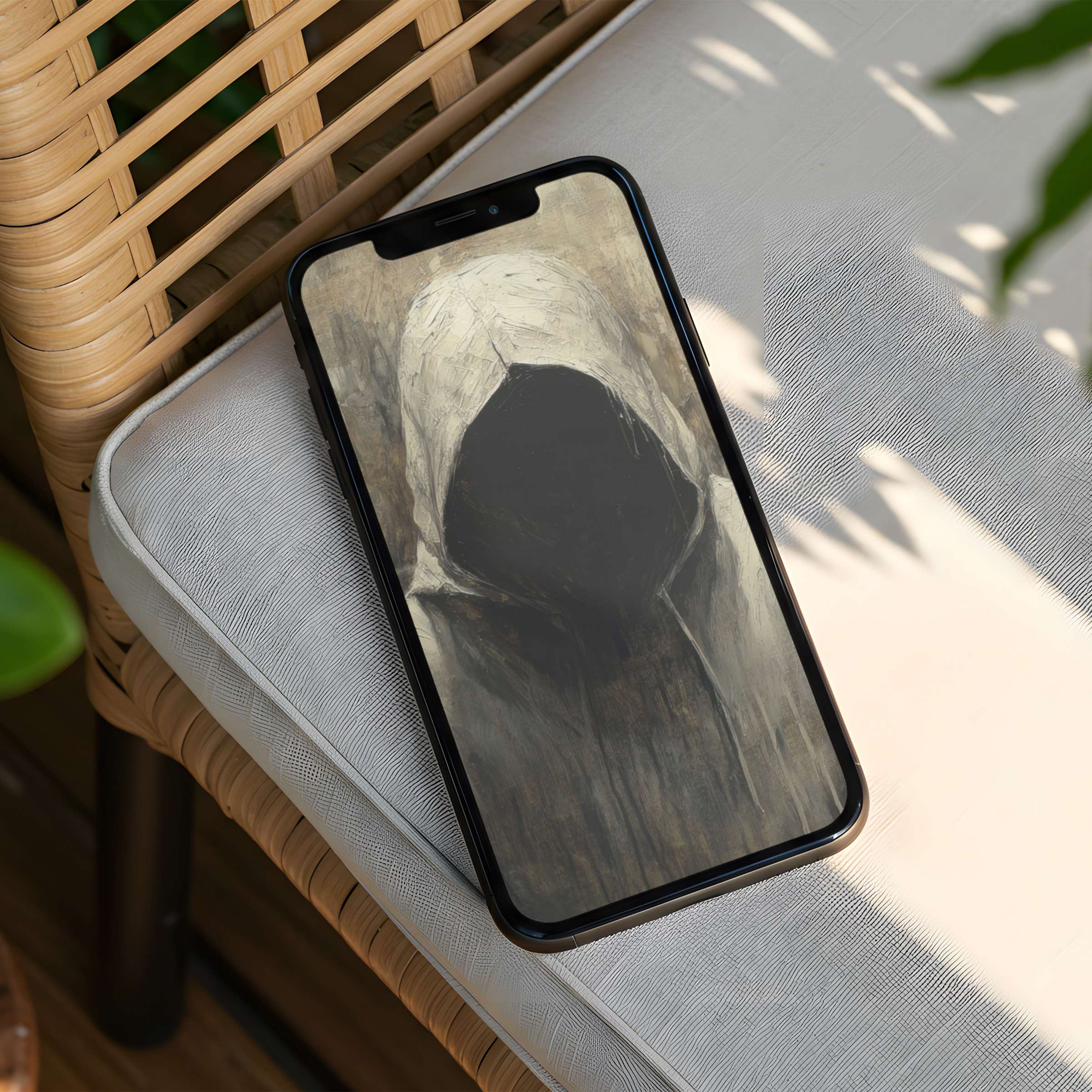 Elegant iPhone background featuring a serene, abstract hooded figure in muted tones available for instant download to your phone