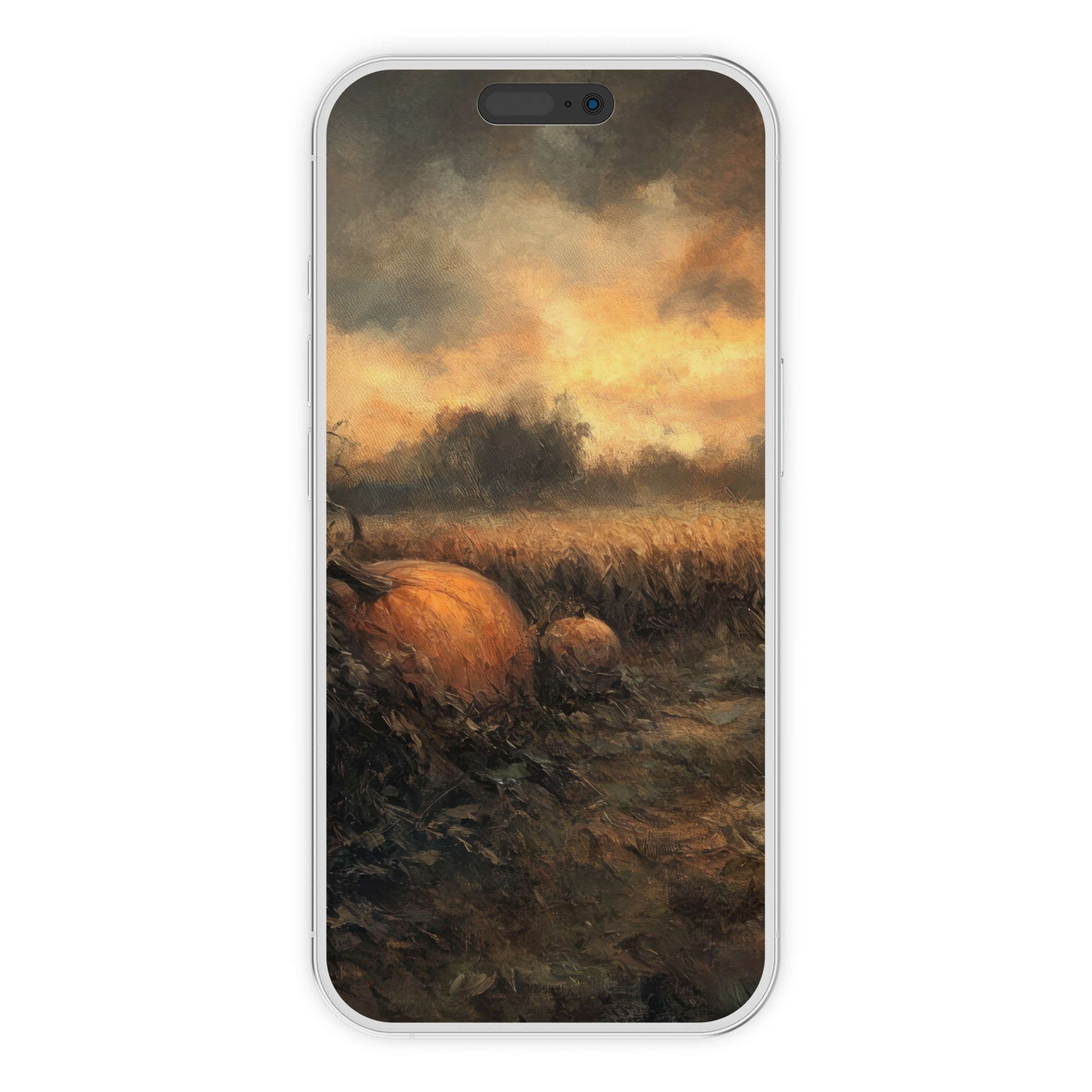 Warm sunset over a serene pumpkin field, perfect as a Halloween iPhone wallpaper digital download for your phone background