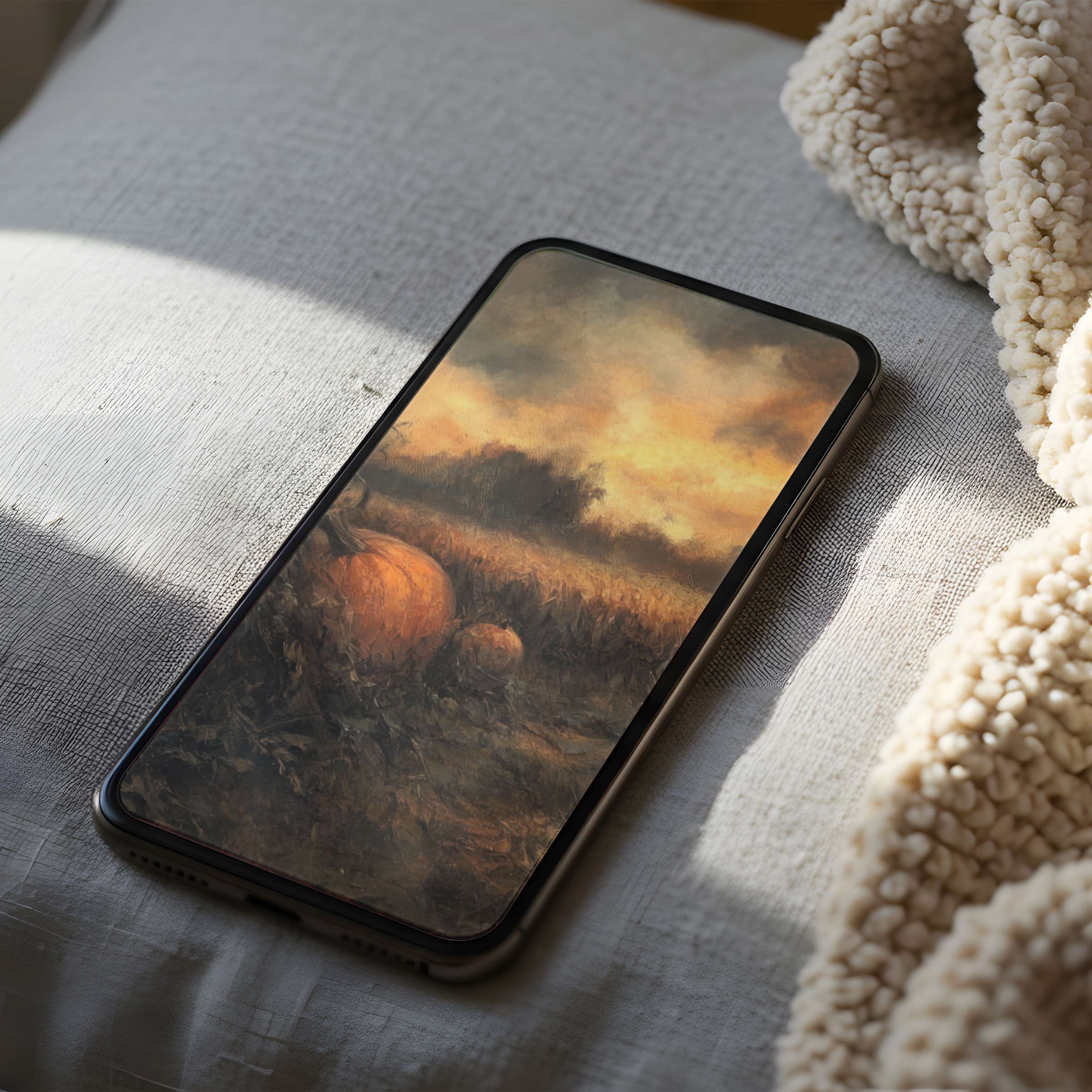 Warm autumn sunset phone wallpaper features pumpkins in a serene field, perfect for iPhone or Android, calming digital download