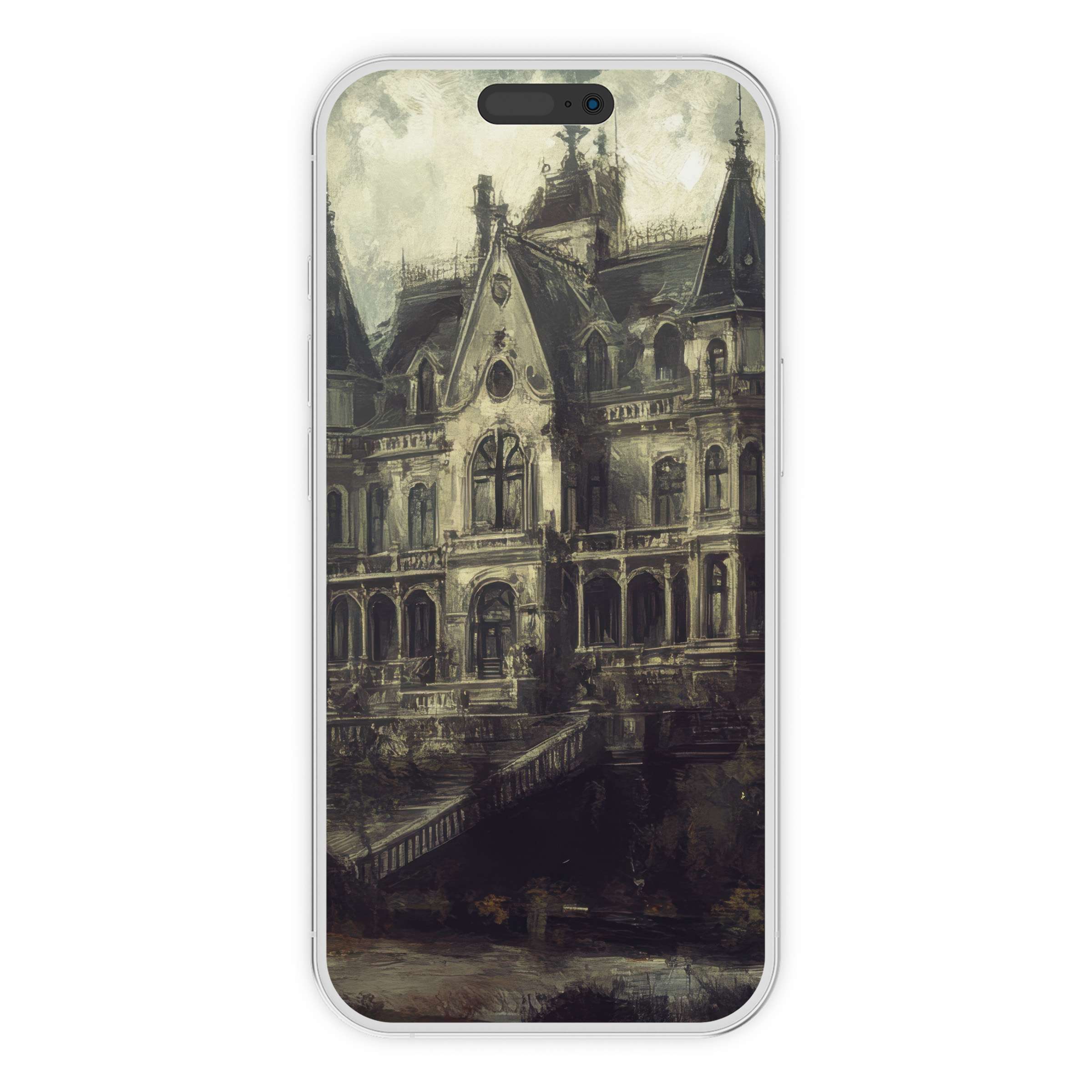 Gothic mansion art graces your Halloween iPhone wallpaper, offering a serene phone background in a digital download for all devices