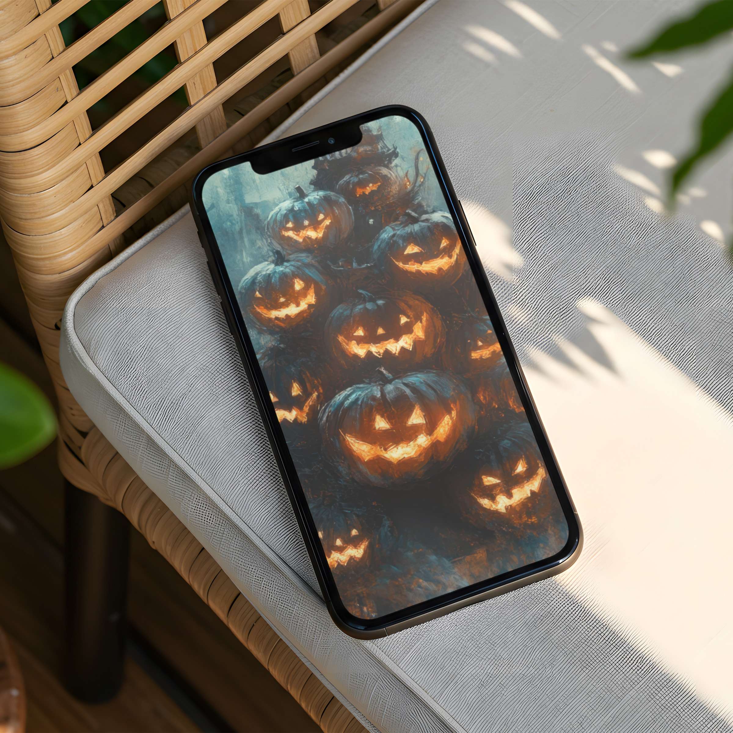 Cozy autumn vibe with glowing pumpkins, this iPhone background offers instant download for phone elegance and calm inspiration