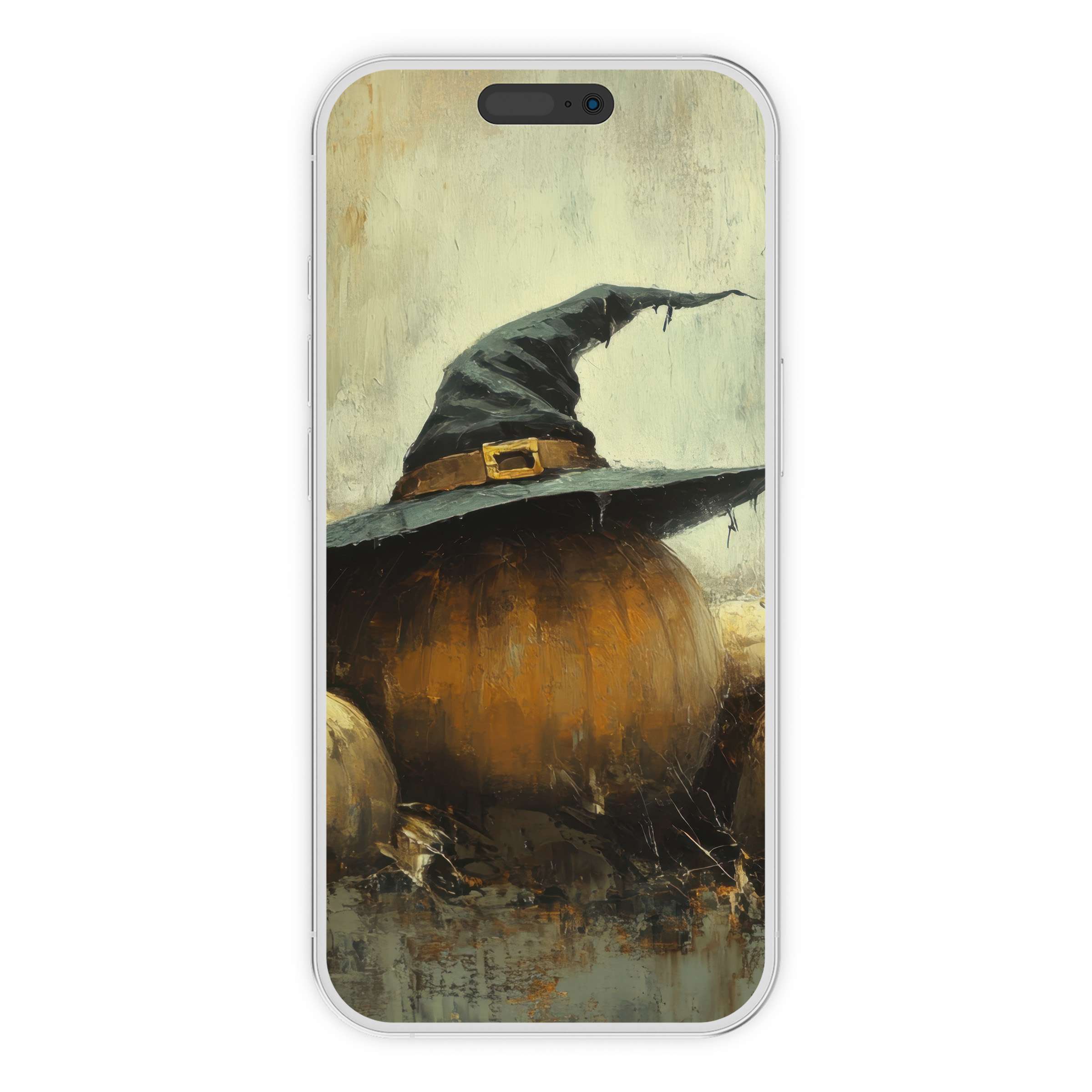 Halloween iPhone wallpaper featuring an artistic pumpkin with a witch hat in muted tones for a calm digital download phone background