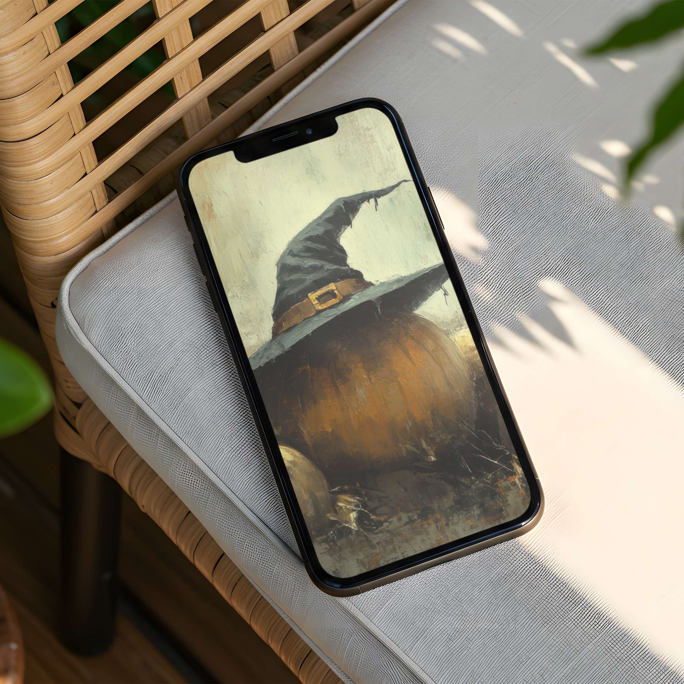 Elegant iPhone background featuring a textured witch hat on a pumpkin for instant download calming phone aesthetic design lovers