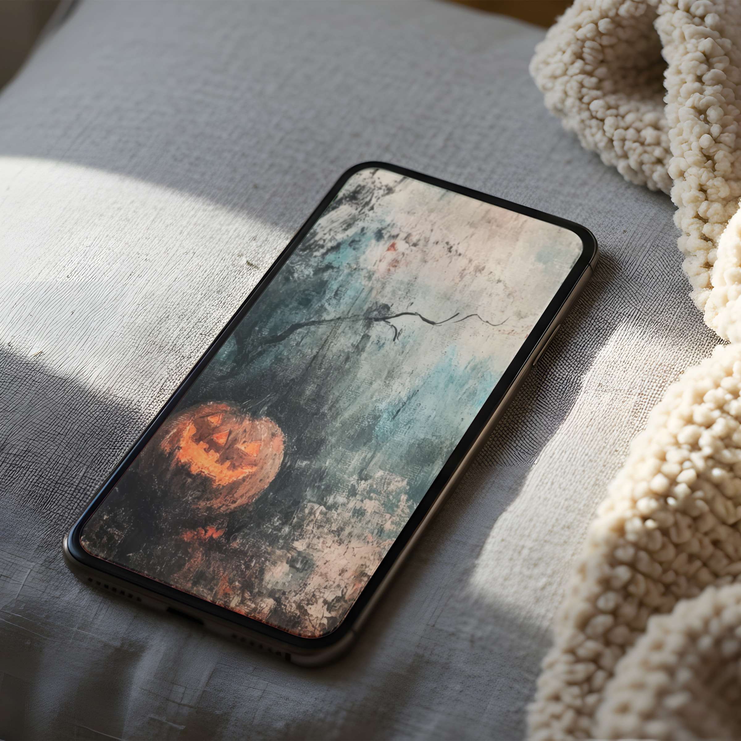 Elegant abstract phone wallpaper with moody hues and a pumpkin motif brings calm, suitable for iPhone and android digital download