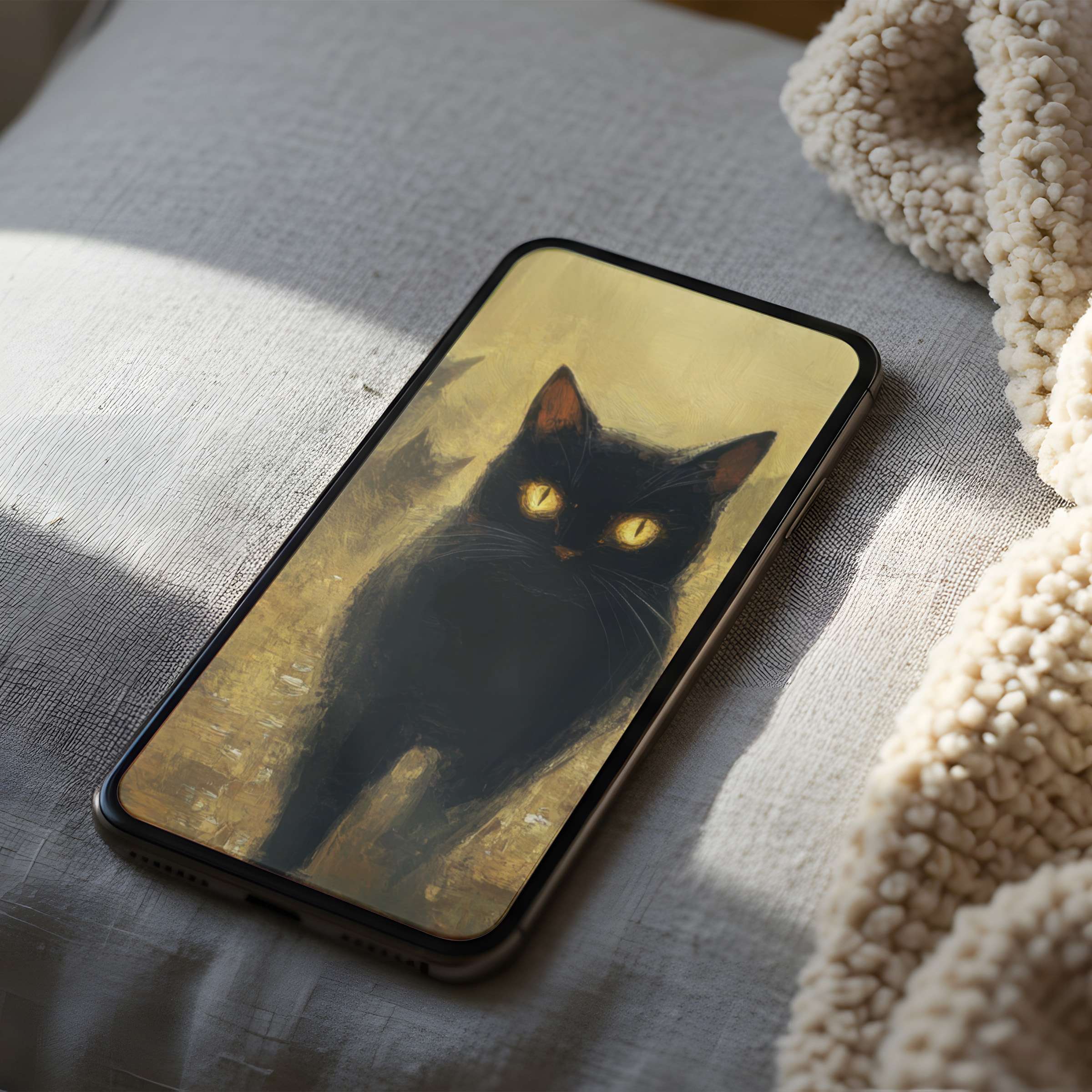 Elegant phone wallpaper featuring a black cat with glowing eyes on a soft, textured background perfect for iPhone and Android screens