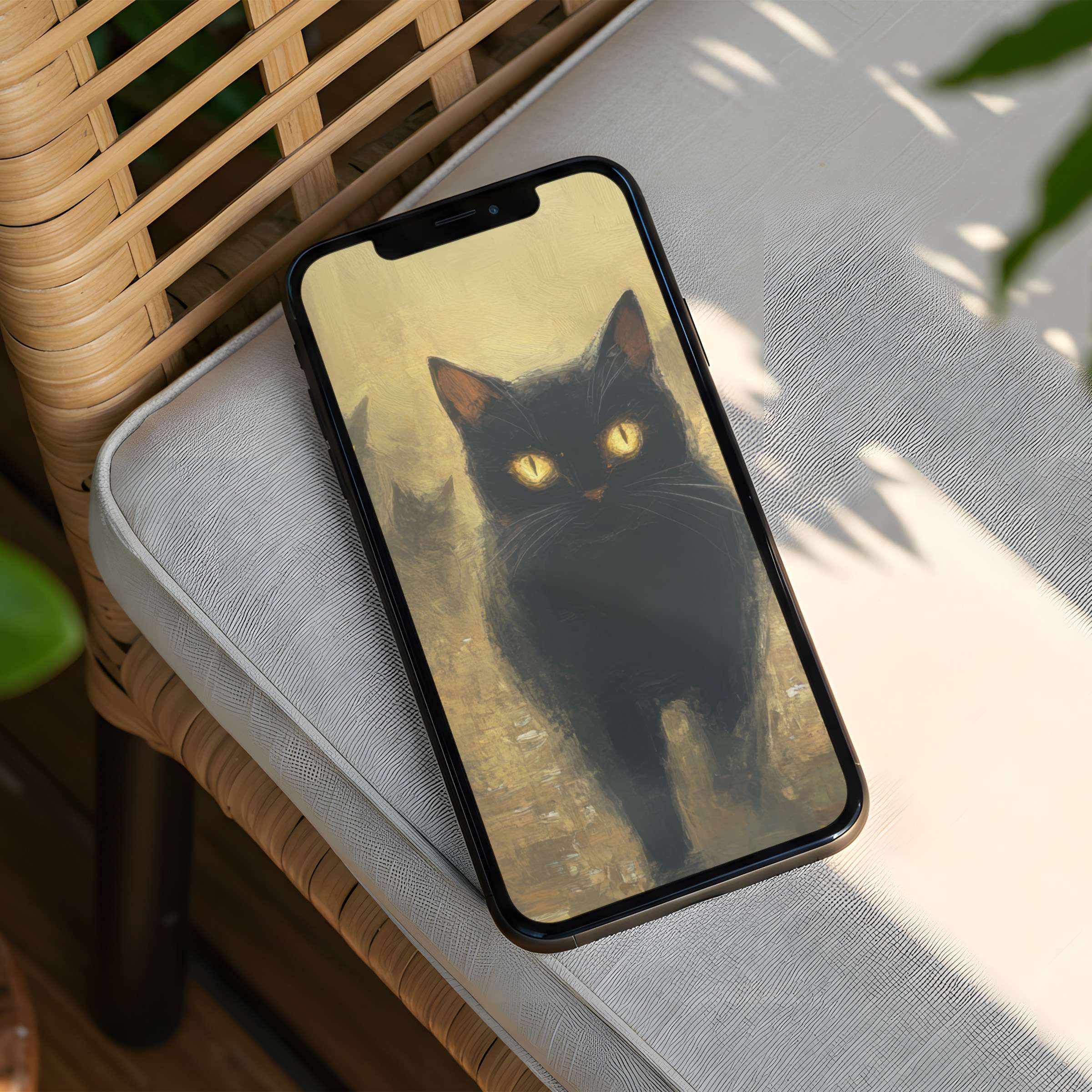 Elegant black cat digital art creates a serene iPhone background for instant download fitting both iPhone and Android phones