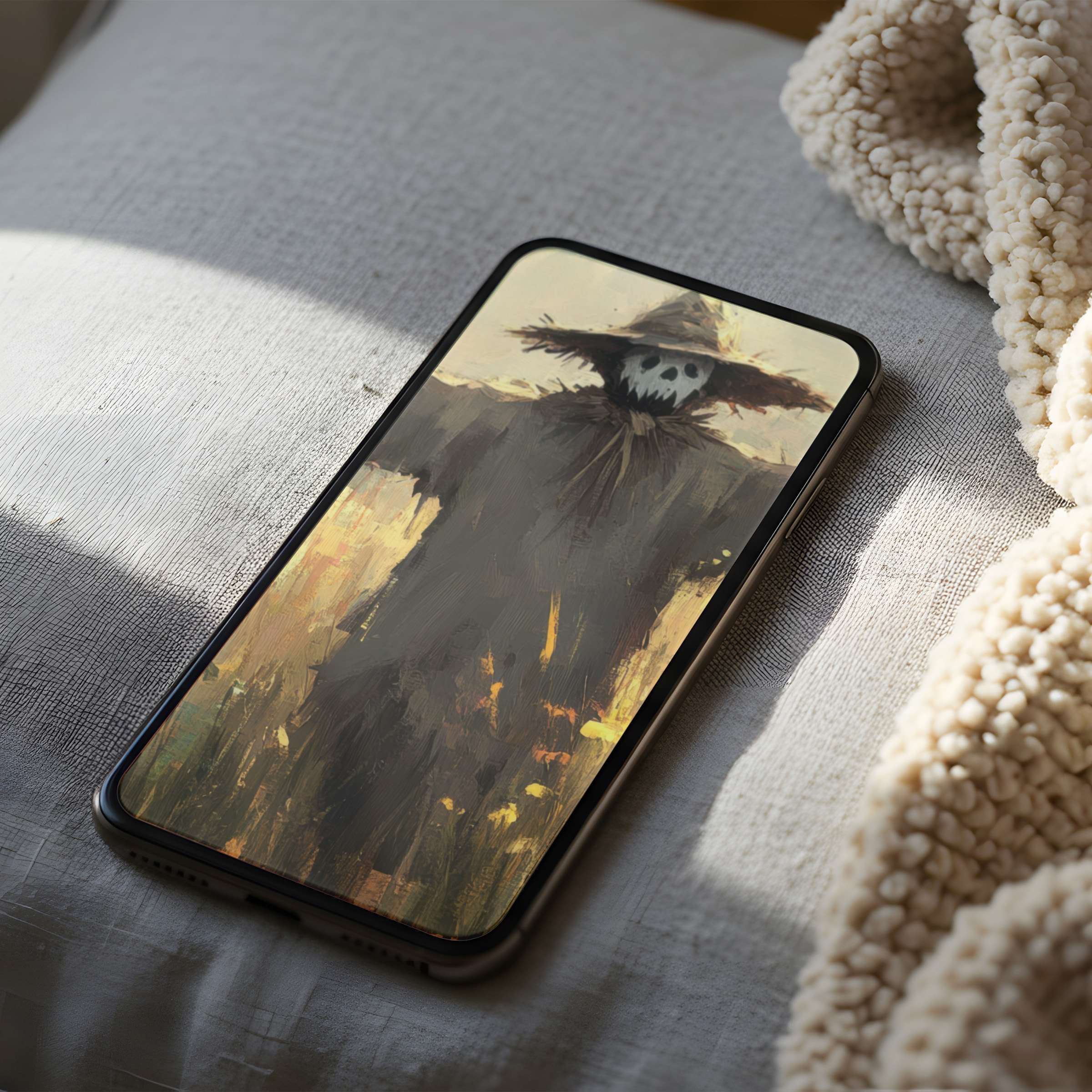 Elegant scarecrow digital art phone wallpaper evokes mystery with earthy tones suitable for high resolution iPhone and Android download