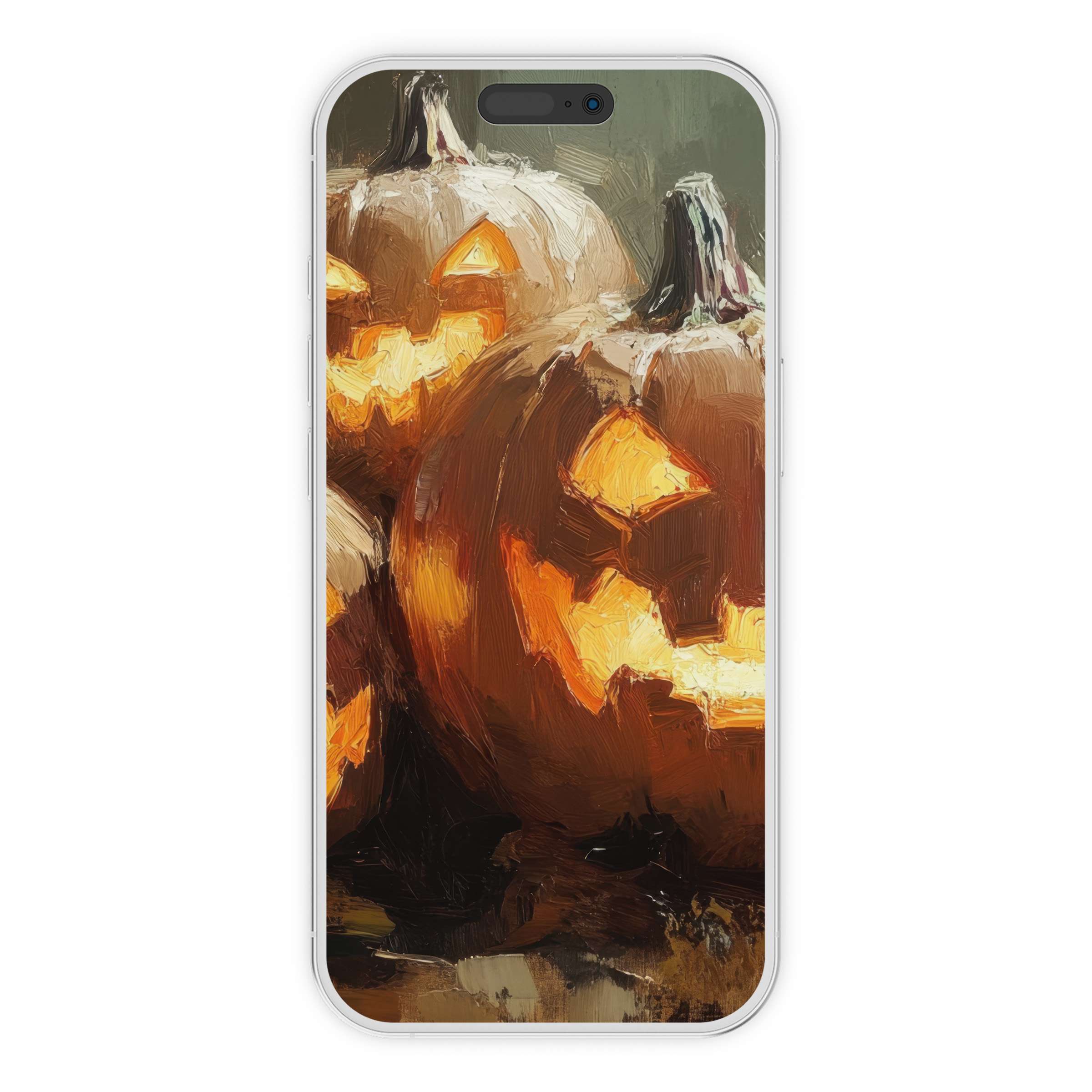 Elegant halloween iPhone wallpaper featuring glowing pumpkins in an artistic oil-paint style digital download for calming phone background
